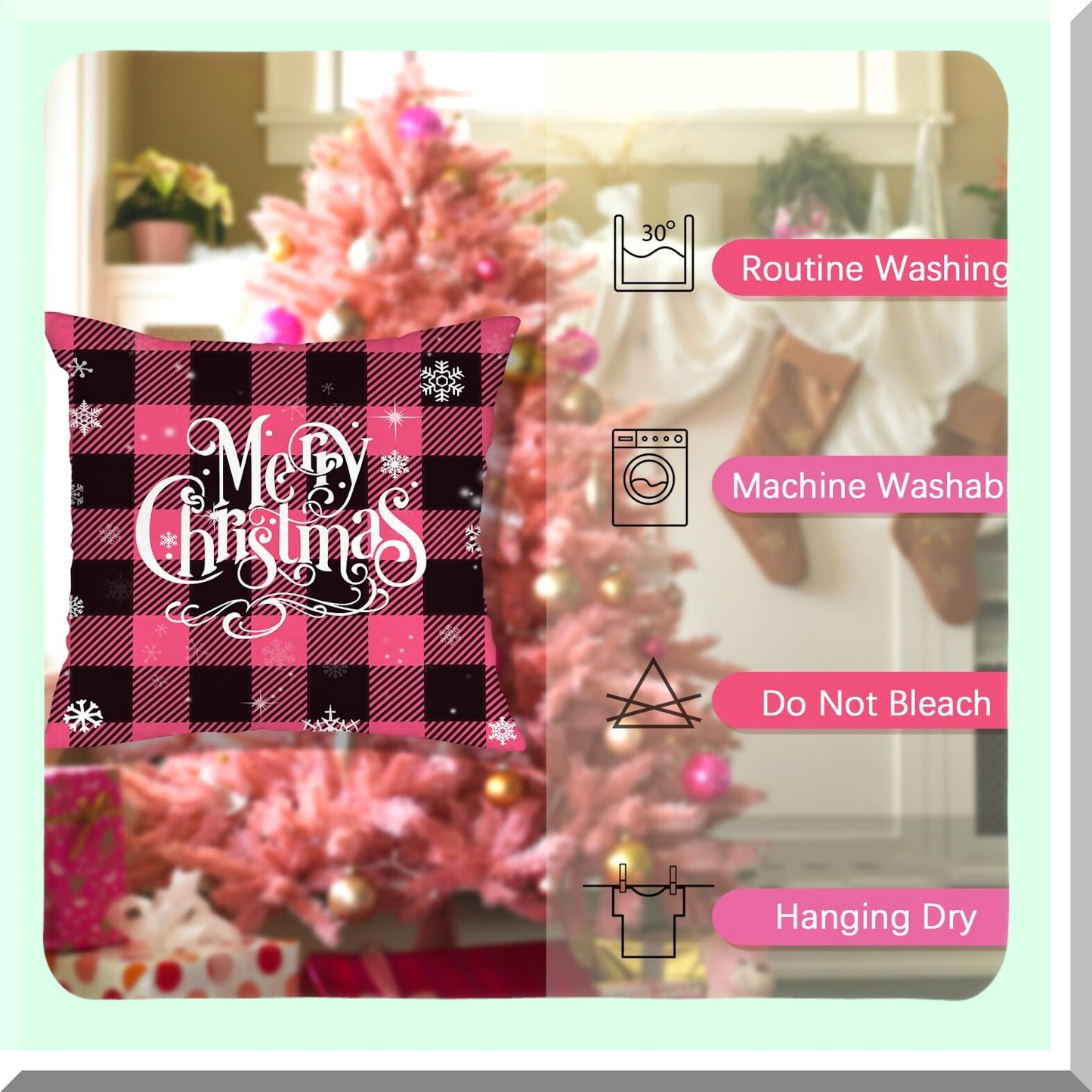 Merry Buffalo Plaid Farmhouse Gnomes Pillow Covers Set - Pink 18x18 Decorative Outdoor Sofa Slipcovers - Shams Cases for Couch - Pack of 4