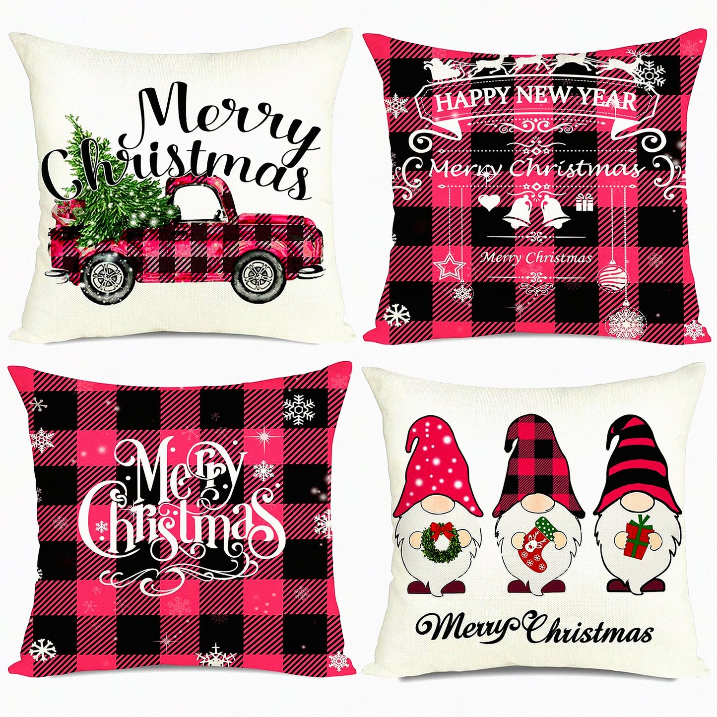 Merry Buffalo Plaid Farmhouse Gnomes Pillow Covers Set - Pink 18x18 Decorative Outdoor Sofa Slipcovers - Shams Cases for Couch - Pack of 4