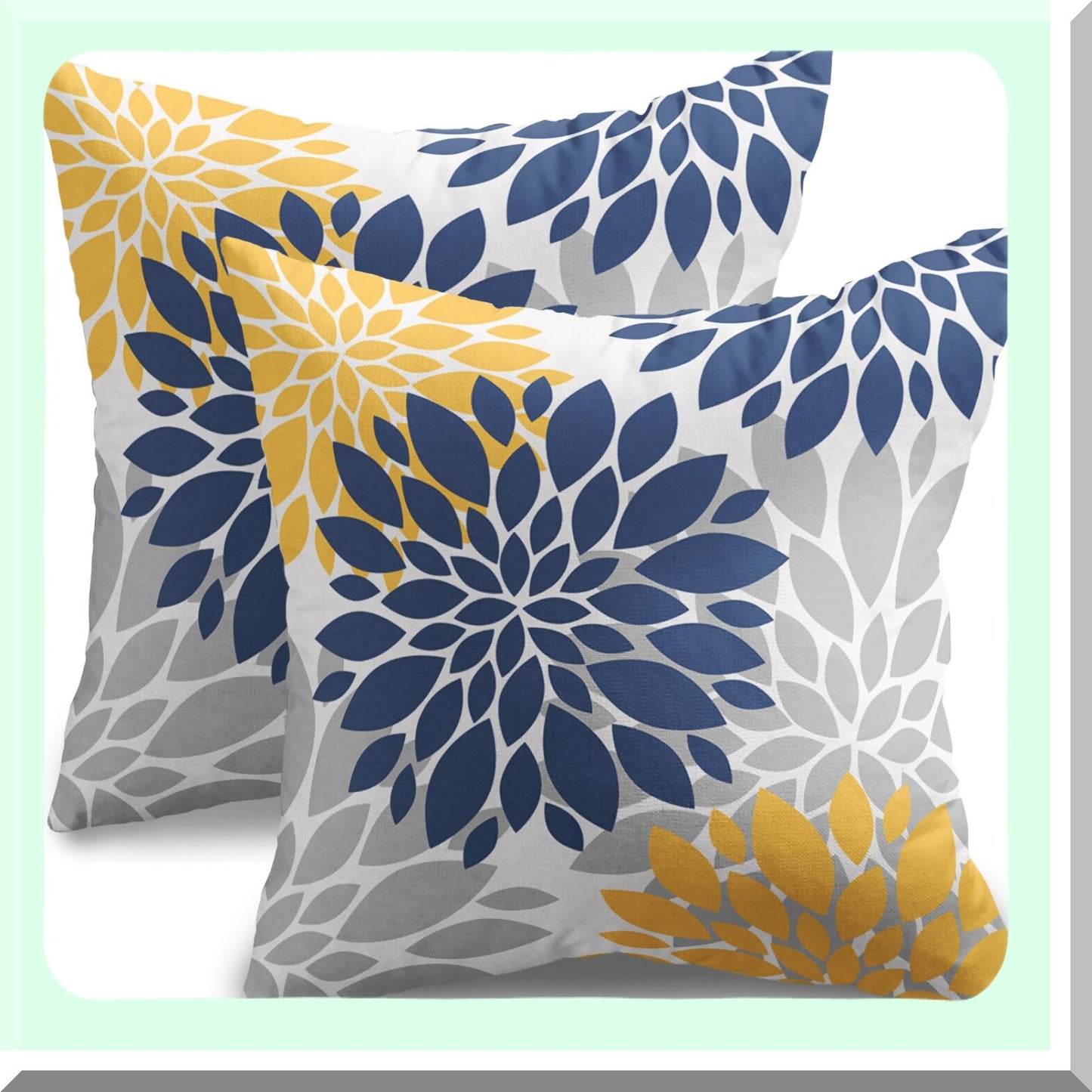 Dahlia Geometry Pillow Covers - Set of 2 Navy Blue Yellow Grey Gray 18x18 Outdoor Decorative Throw Pillows. Modern Farmhouse Linen Cushion Case for Home Sofa Couch Bed.