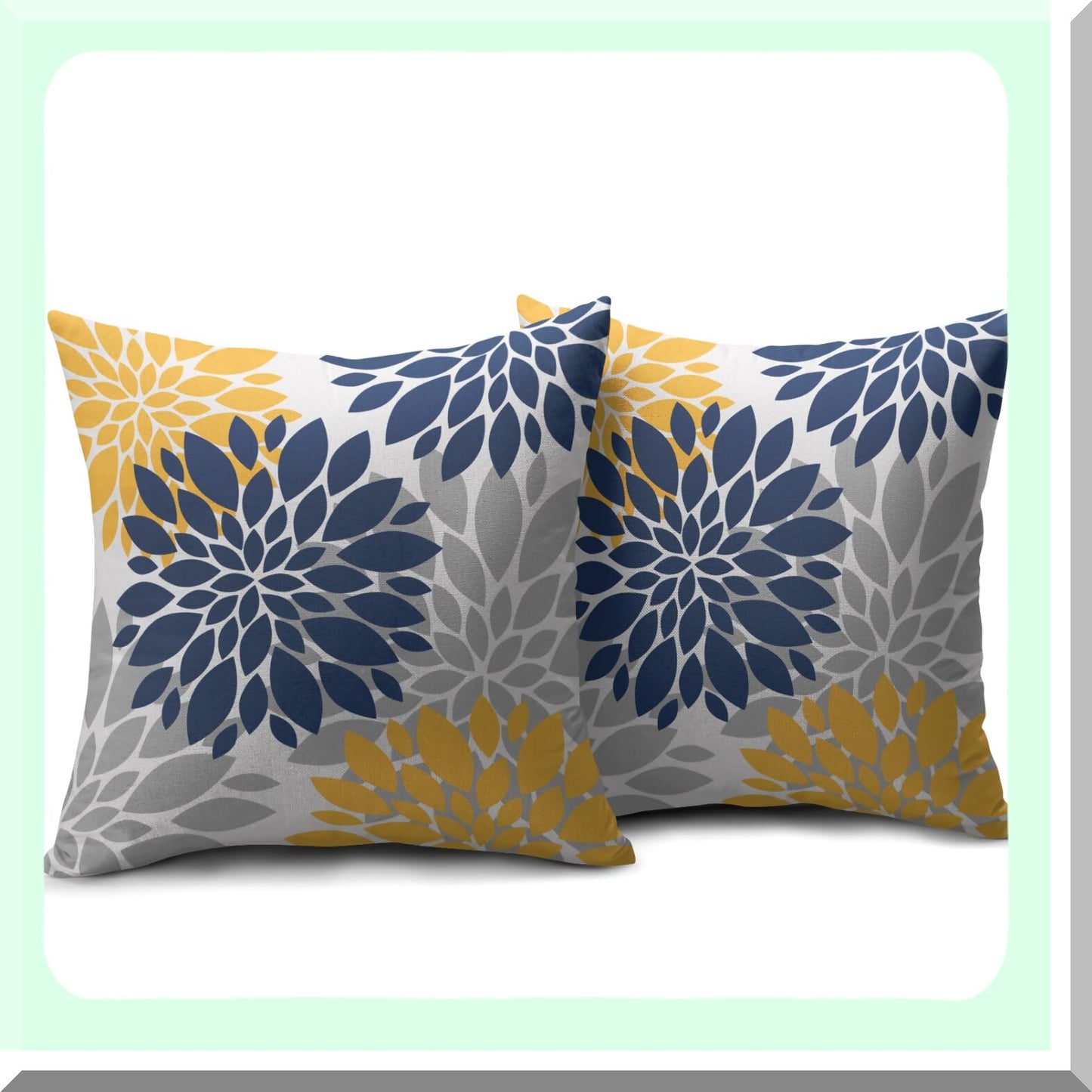 Dahlia Geometry Pillow Covers - Set of 2 Navy Blue Yellow Grey Gray 18x18 Outdoor Decorative Throw Pillows. Modern Farmhouse Linen Cushion Case for Home Sofa Couch Bed.