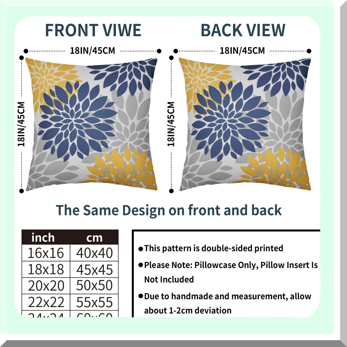 Dahlia Geometry Pillow Covers - Set of 2 Navy Blue Yellow Grey Gray 18x18 Outdoor Decorative Throw Pillows. Modern Farmhouse Linen Cushion Case for Home Sofa Couch Bed.