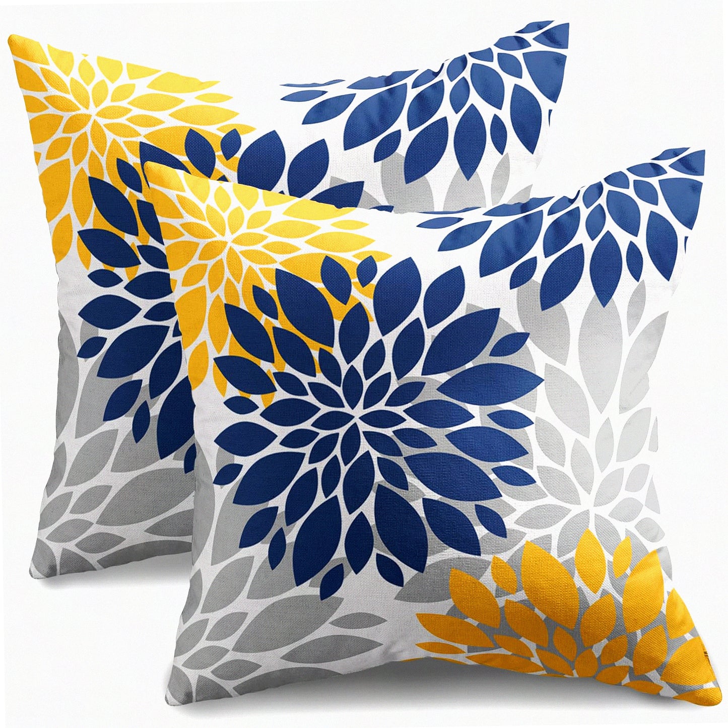Dahlia Geometry Pillow Covers - Set of 2 Navy Blue Yellow Grey Gray 18x18 Outdoor Decorative Throw Pillows. Modern Farmhouse Linen Cushion Case for Home Sofa Couch Bed.