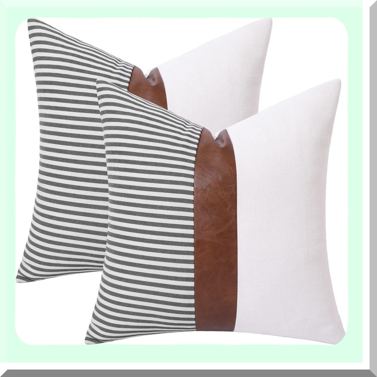 Modern Farmhouse Leather Stripe Throw Pillow Set - Brown & Grey - 18x18 - Linen Accent - Couch Bed Sofa Decor - Patchwork Design - 2 Inserts Included