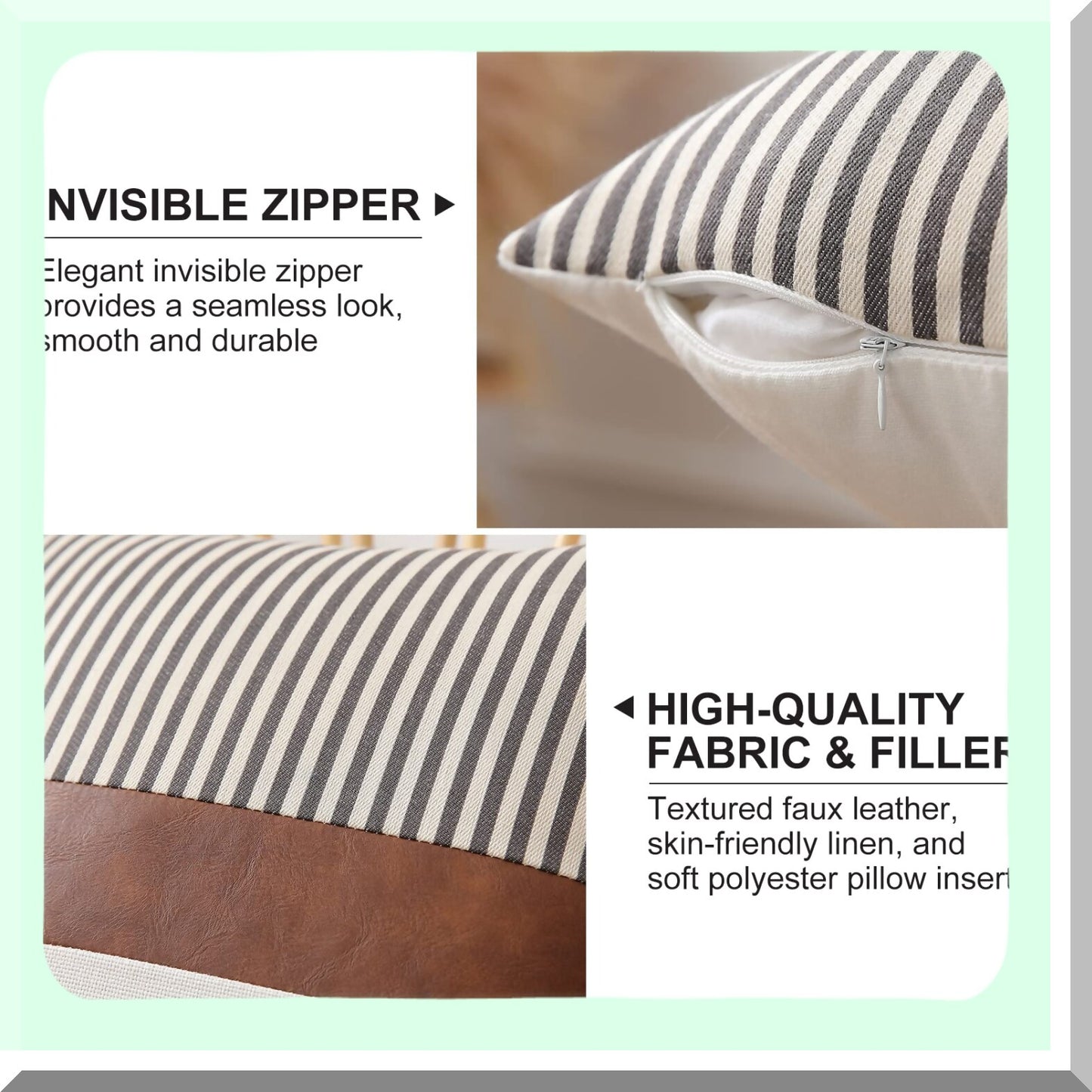 Modern Farmhouse Leather Stripe Throw Pillow Set - Brown & Grey - 18x18 - Linen Accent - Couch Bed Sofa Decor - Patchwork Design - 2 Inserts Included