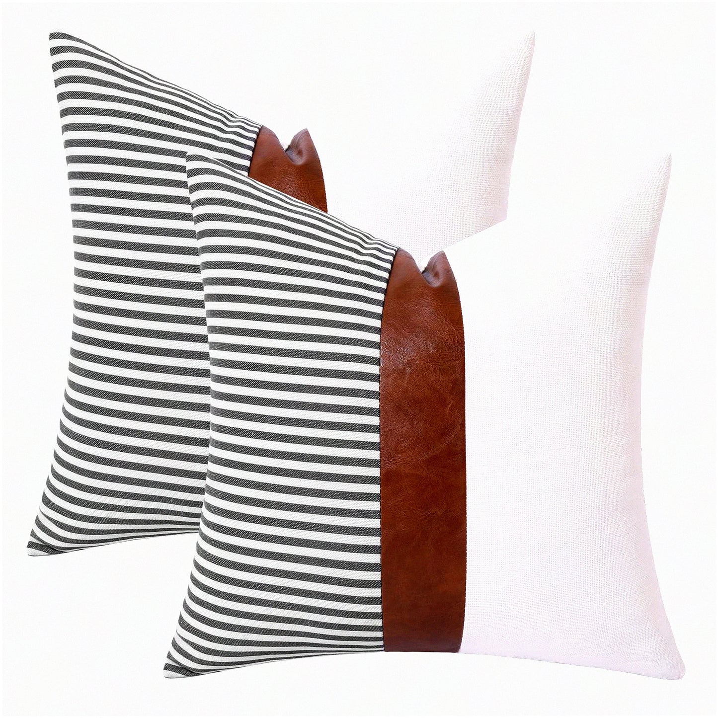 Modern Farmhouse Leather Stripe Throw Pillow Set - Brown & Grey - 18x18 - Linen Accent - Couch Bed Sofa Decor - Patchwork Design - 2 Inserts Included