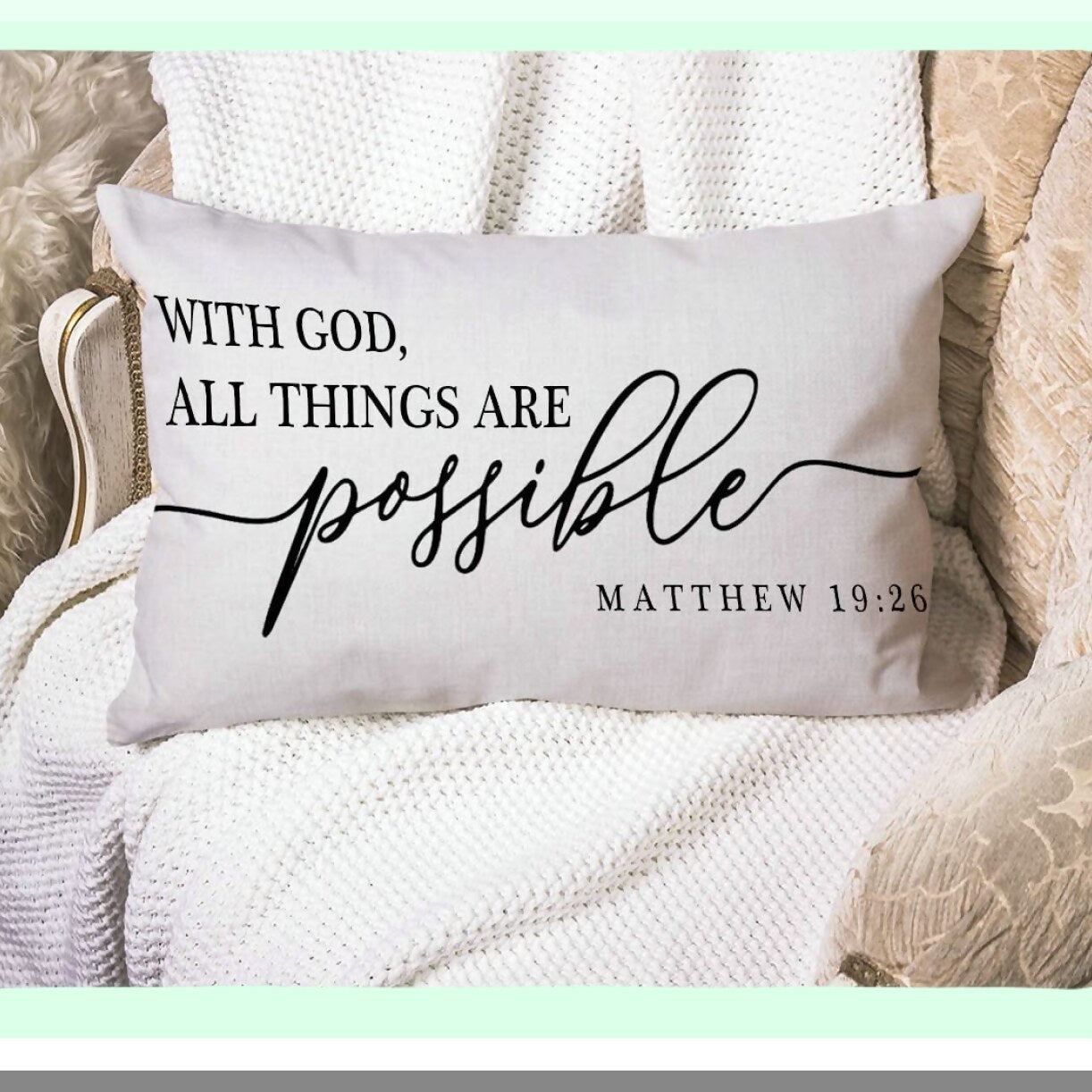 Blessed Farmhouse Lumbar Pillow Covers - Inspirational Bible Verse Quotes - Rustic Home Decor - God All Things Possible - Housewarming Gift