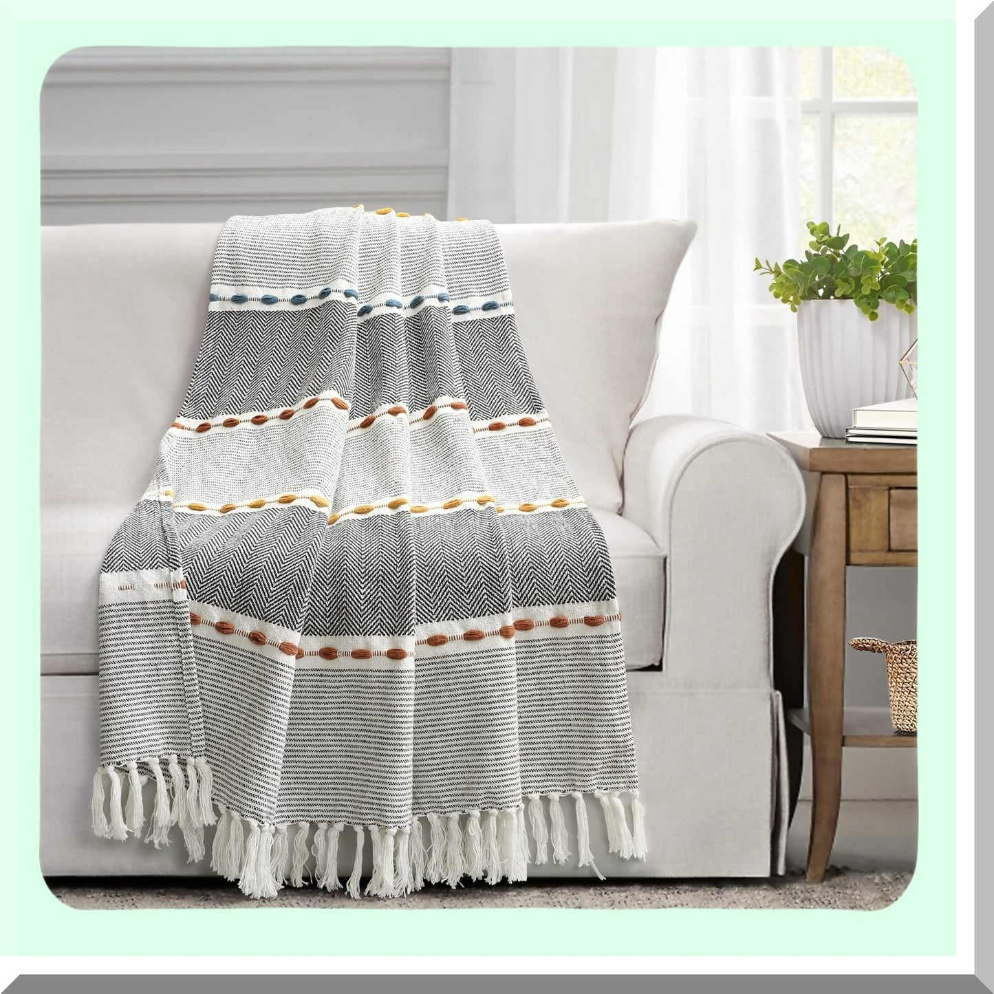 CozyWeave Herringbone Stripe Cotton Blanket, 60" x 50", Black"