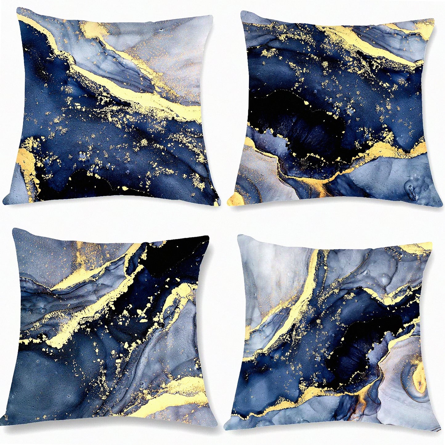 Navy Blue Gold Marble Velvet Pillow Covers - Abstract Art Decor Cushion Set - Modern Living Room Sofa Bedroom Accessories - 18x18 Inch, Pack of 4