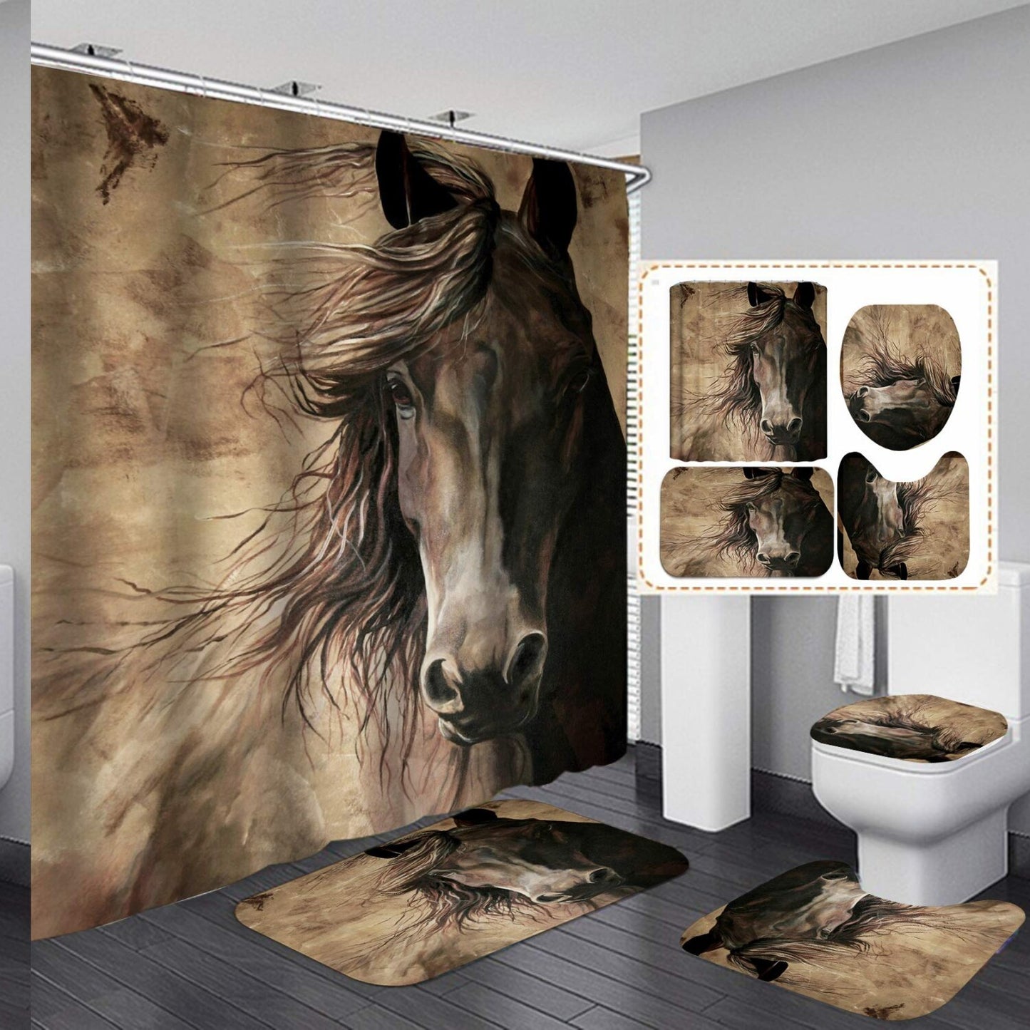 4PCS Animal 3D Printing Shower Curtain and Bath Mat Set