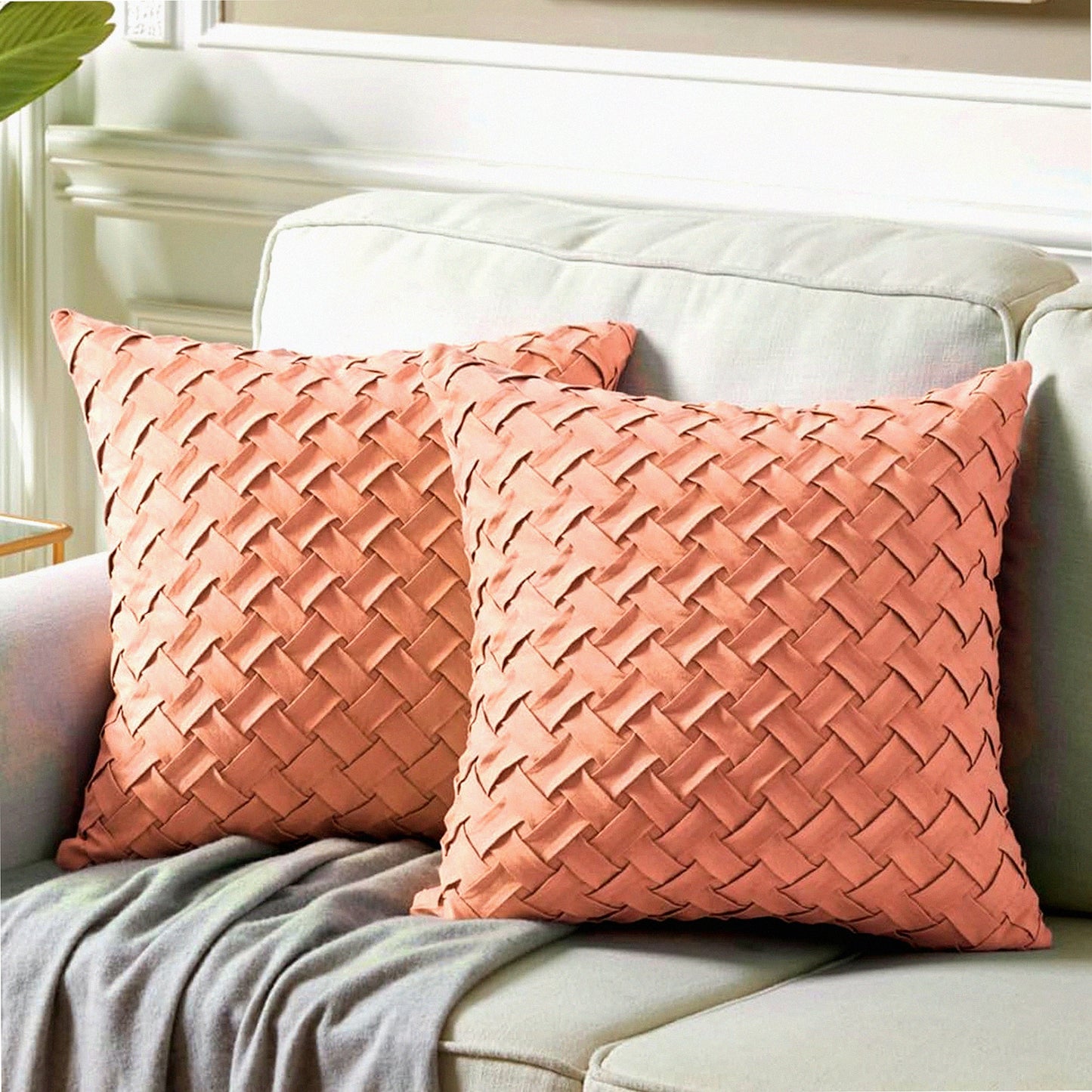 Peach Weave Pillow Covers - Set of 2 18x18 Inch Decorative Throw Pillow Cases for Couch Sofa Bedroom Living Room, Soft Suede Coral Textured Boho Home Decor