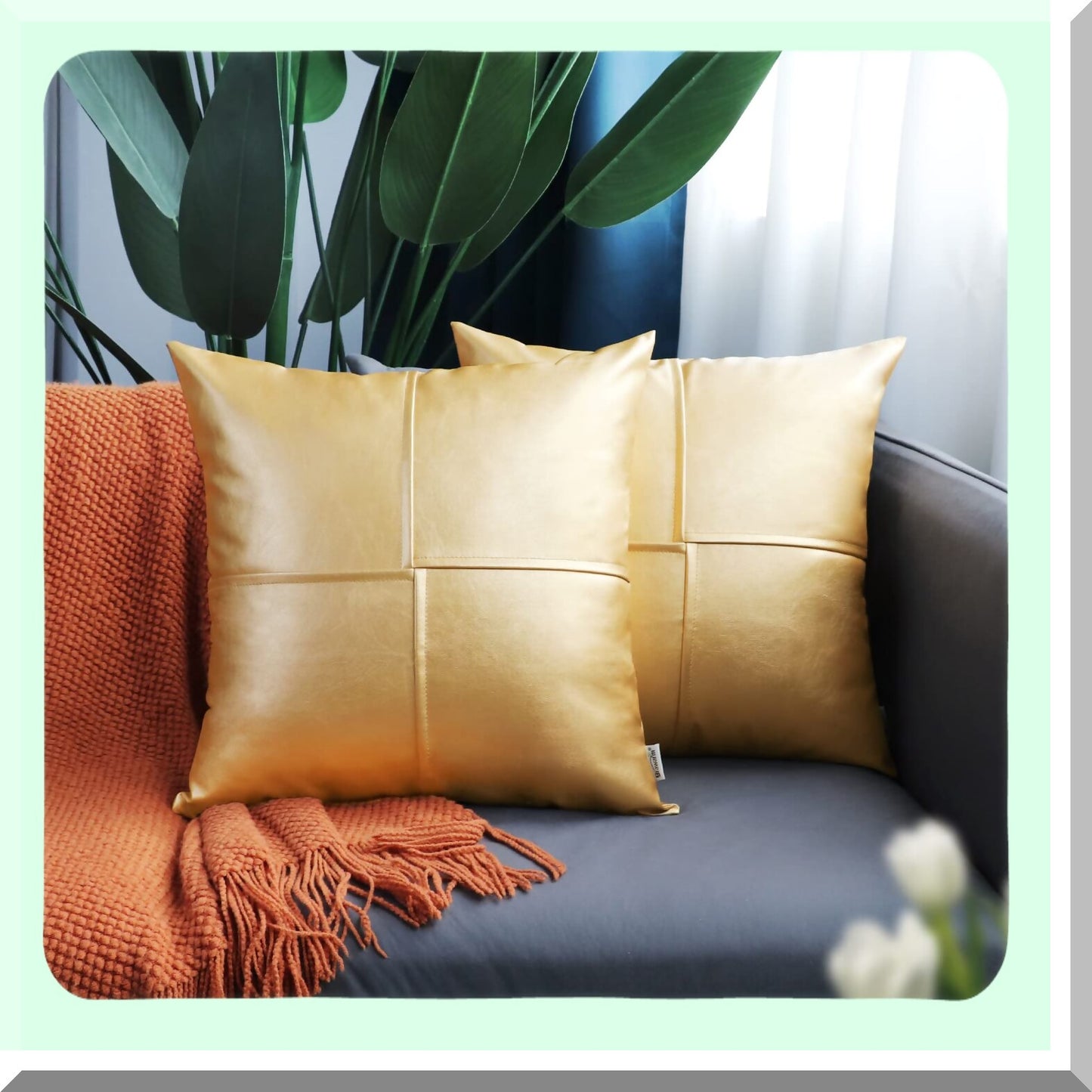 Gold Stitched Leather Pillow Covers - Set of 2, 20x20 Inches - Decorative Throw Pillows for Couch, Sofa, Bed - Living Room, Home, Garden