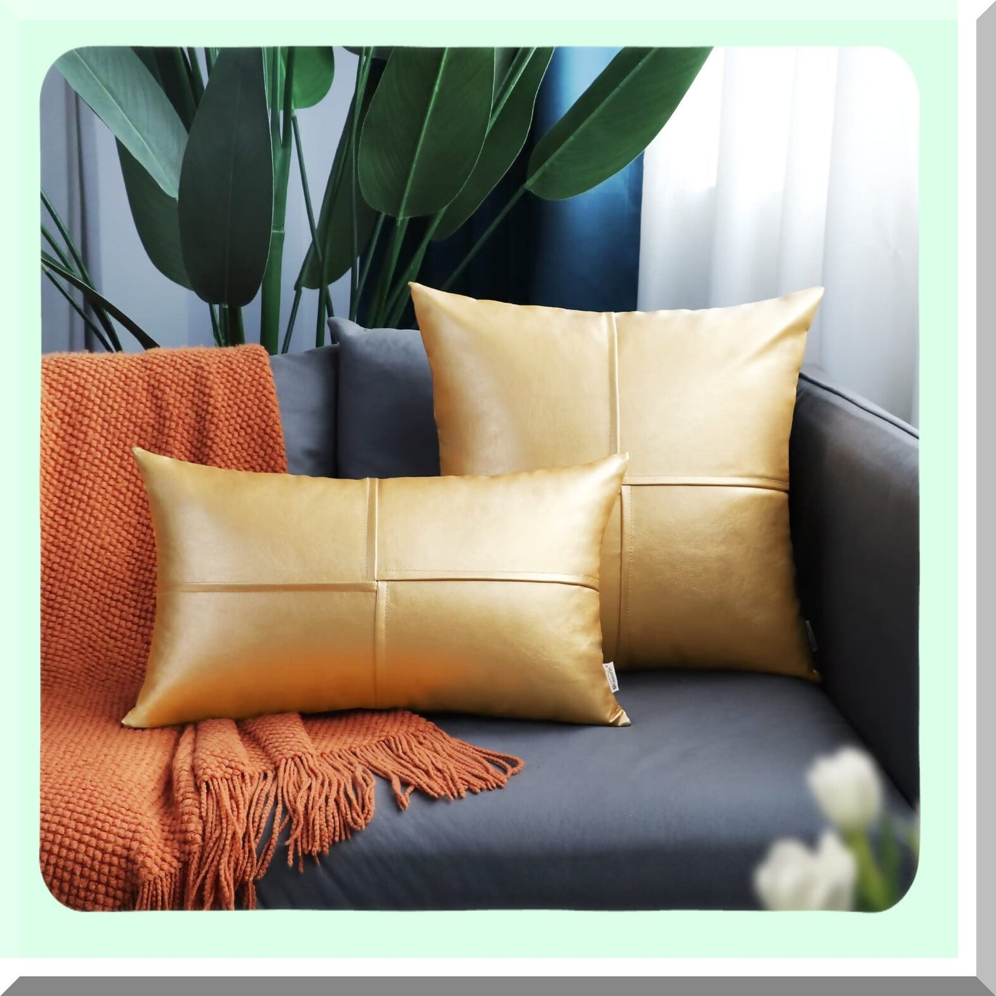 Gold Stitched Leather Pillow Covers - Set of 2, 20x20 Inches - Decorative Throw Pillows for Couch, Sofa, Bed - Living Room, Home, Garden