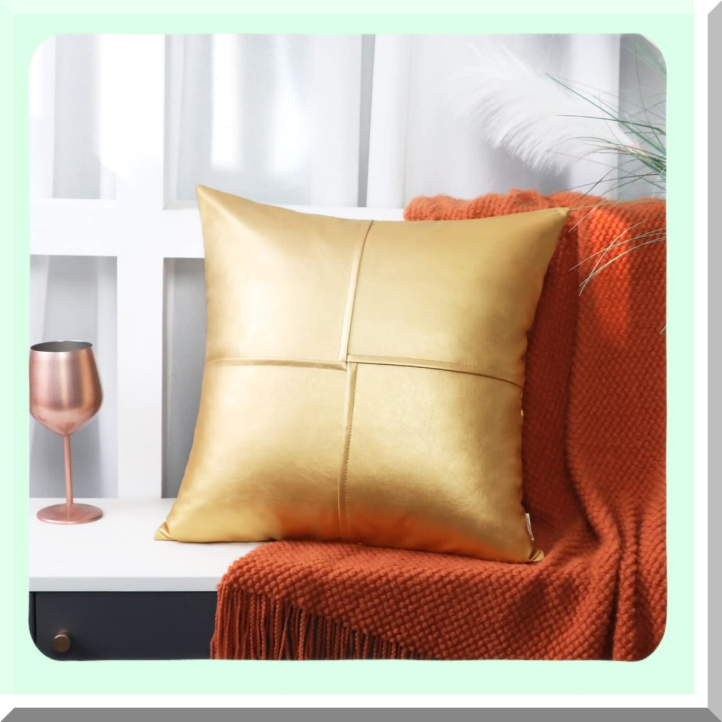 Gold Stitched Leather Pillow Covers - Set of 2, 20x20 Inches - Decorative Throw Pillows for Couch, Sofa, Bed - Living Room, Home, Garden