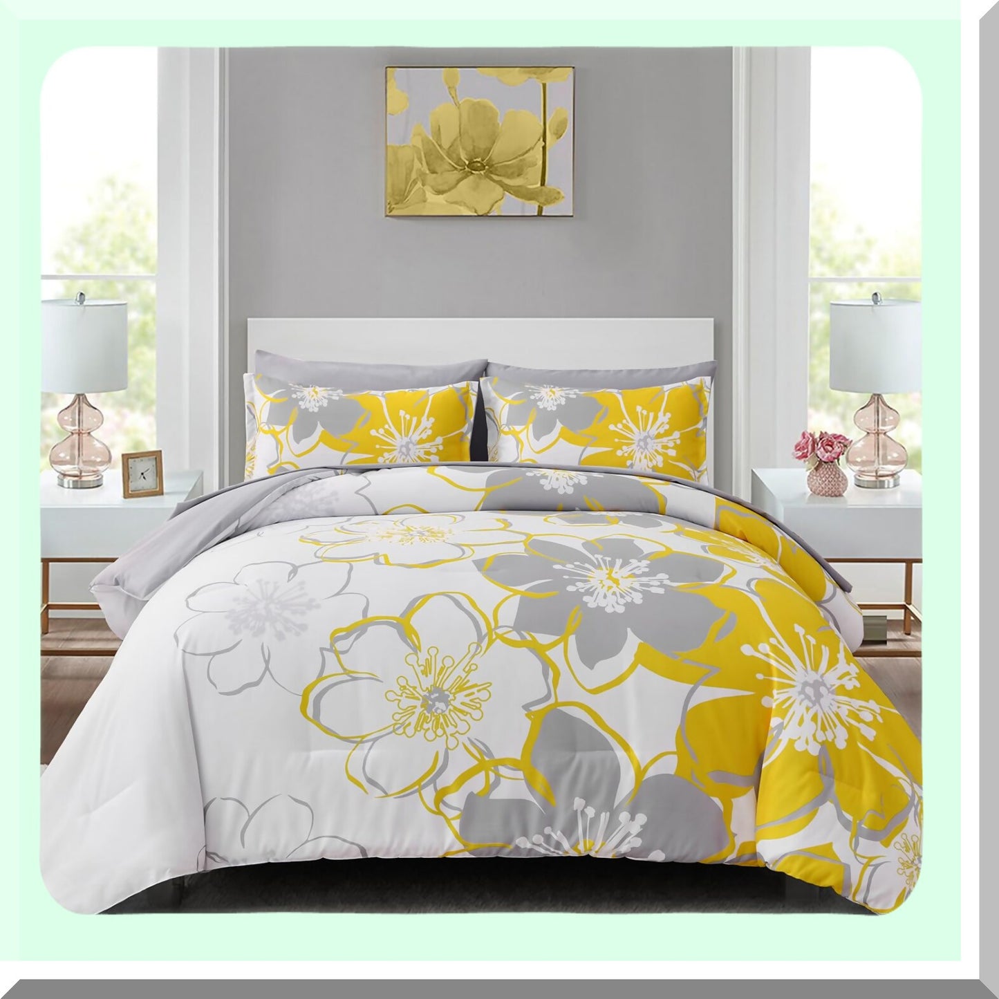 Yellow Floral Reversible Comforter Set - Queen Size 7 Piece Bedding Bundle with Sheets - Soft Microfiber Flower Pattern Duvet Bed Set - All Season 90"x90"