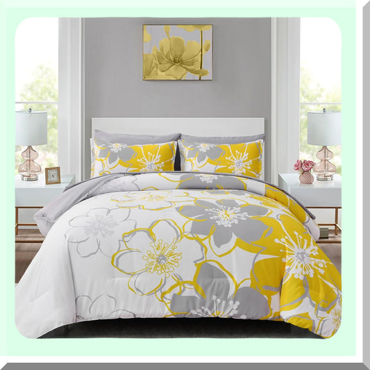 Yellow Floral Reversible Comforter Set Queen Size