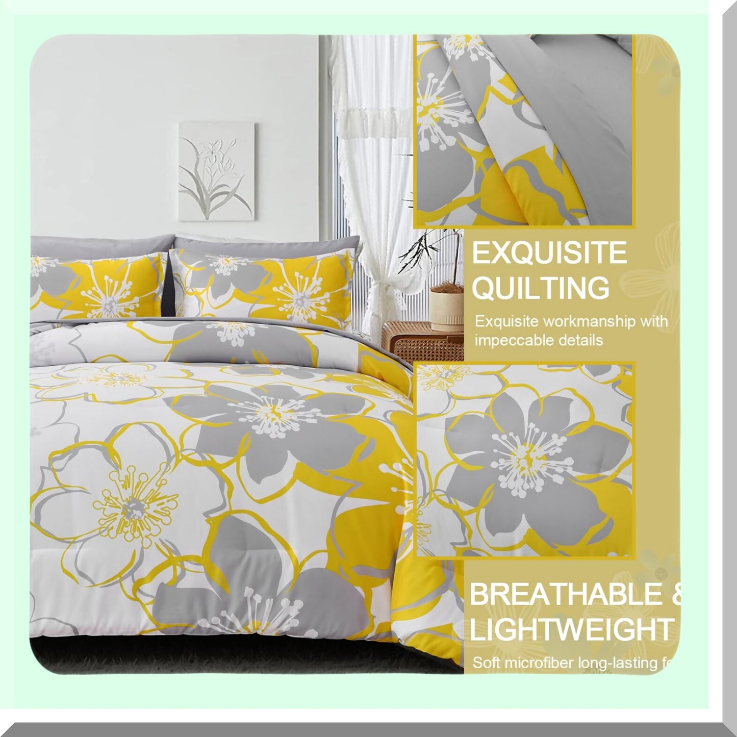 Yellow Floral Reversible Comforter Set - Queen Size 7 Piece Bedding Bundle with Sheets - Soft Microfiber Flower Pattern Duvet Bed Set - All Season 90"x90"