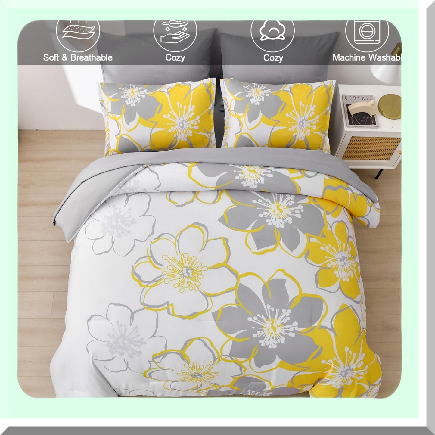 Yellow Floral Reversible Comforter Set - Queen Size 7 Piece Bedding Bundle with Sheets - Soft Microfiber Flower Pattern Duvet Bed Set - All Season 90"x90"
