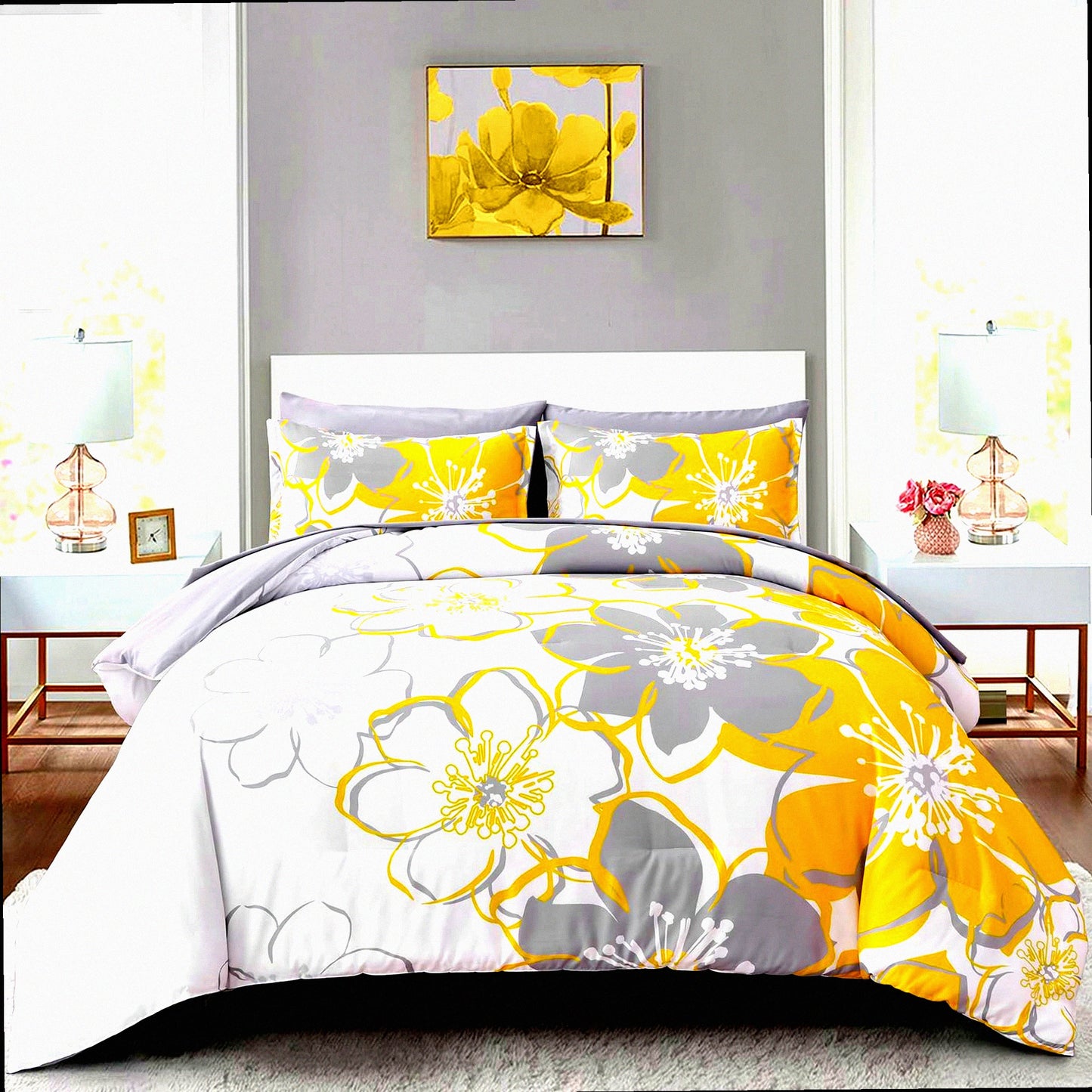 Yellow Floral Reversible Comforter Set - Queen Size 7 Piece Bedding Bundle with Sheets - Soft Microfiber Flower Pattern Duvet Bed Set - All Season 90"x90"