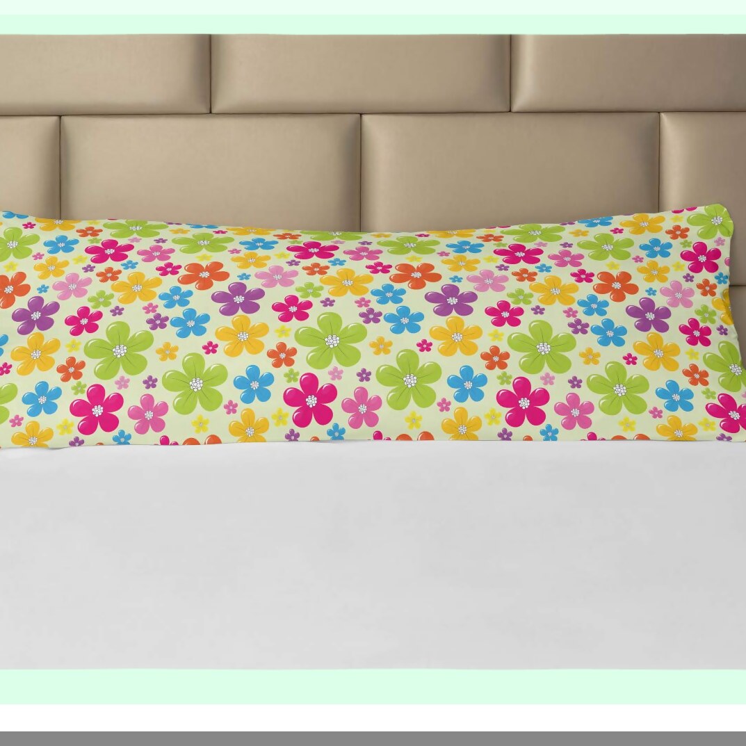 FlourishBloom Zippered Body Pillowcase - Sixties Inspired Colorful Flowers & Hippie Motifs Decorative Cover - 21" x 54" Long Pillow Case - Yellow Green