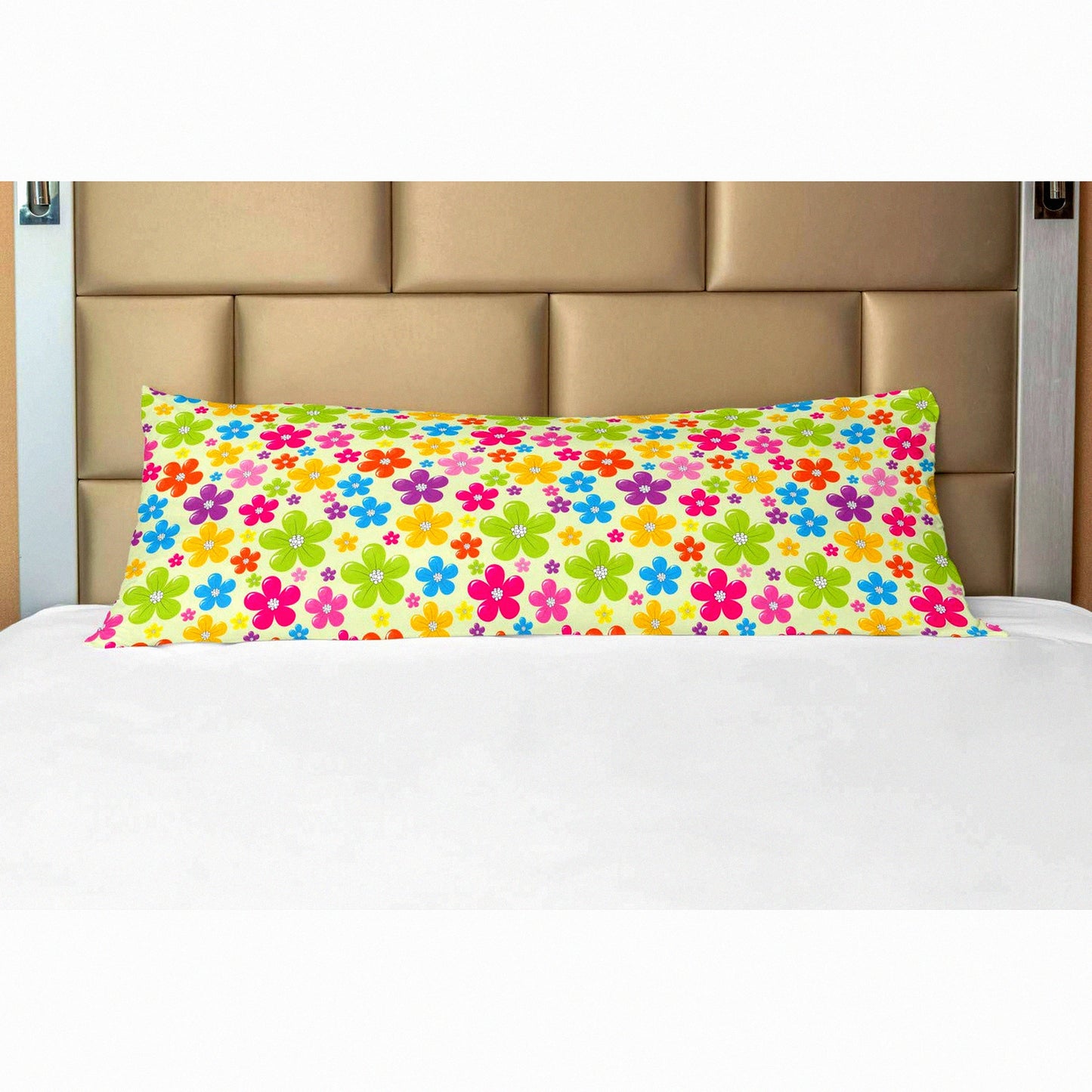 FlourishBloom Zippered Body Pillowcase - Sixties Inspired Colorful Flowers & Hippie Motifs Decorative Cover - 21" x 54" Long Pillow Case - Yellow Green