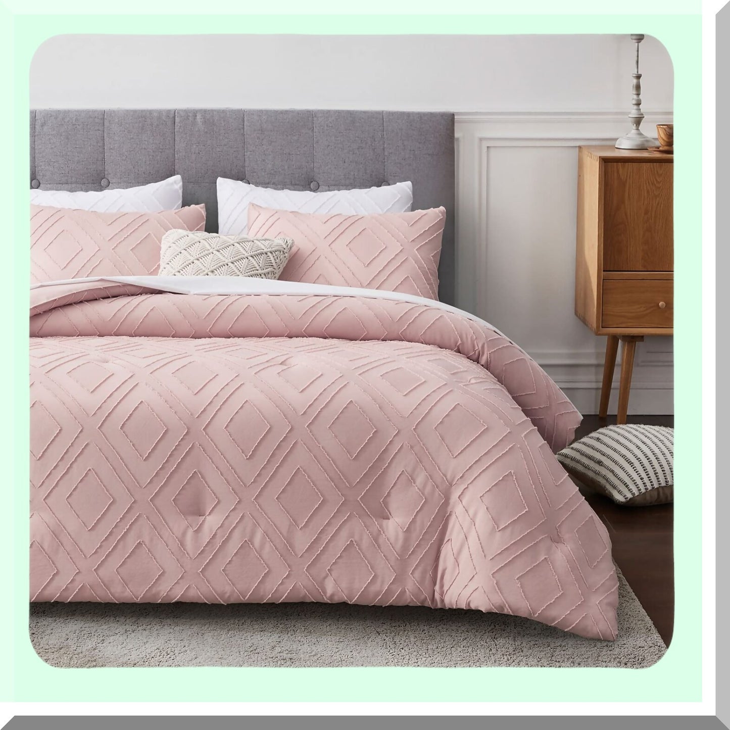 Blush Pink Rhombus Tufted Full Comforter Set - 3 Piece Embroidery Shabby Chic Bedding - All Seasons Full Size Comforter Set - Boho Style with Corner Loops