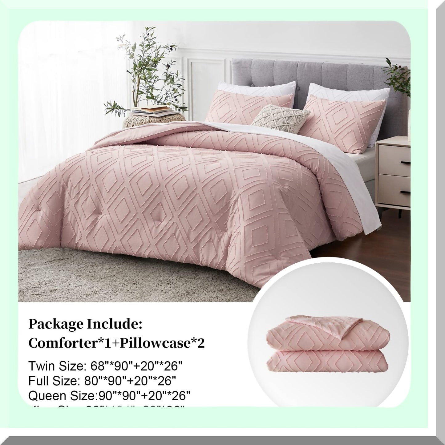 Blush Pink Rhombus Tufted Full Comforter Set - 3 Piece Embroidery Shabby Chic Bedding - All Seasons Full Size Comforter Set - Boho Style with Corner Loops