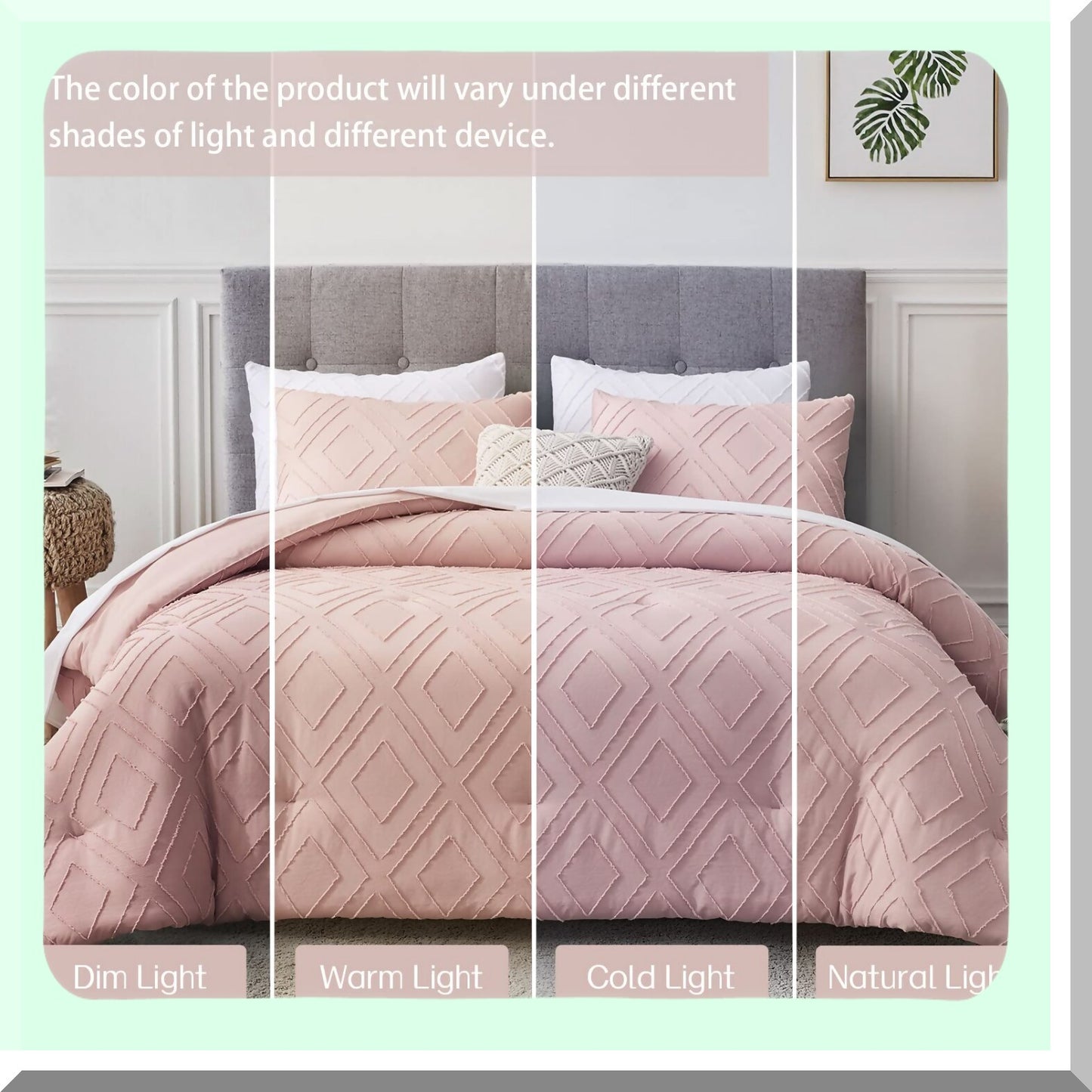 Blush Pink Rhombus Tufted Full Comforter Set - 3 Piece Embroidery Shabby Chic Bedding - All Seasons Full Size Comforter Set - Boho Style with Corner Loops