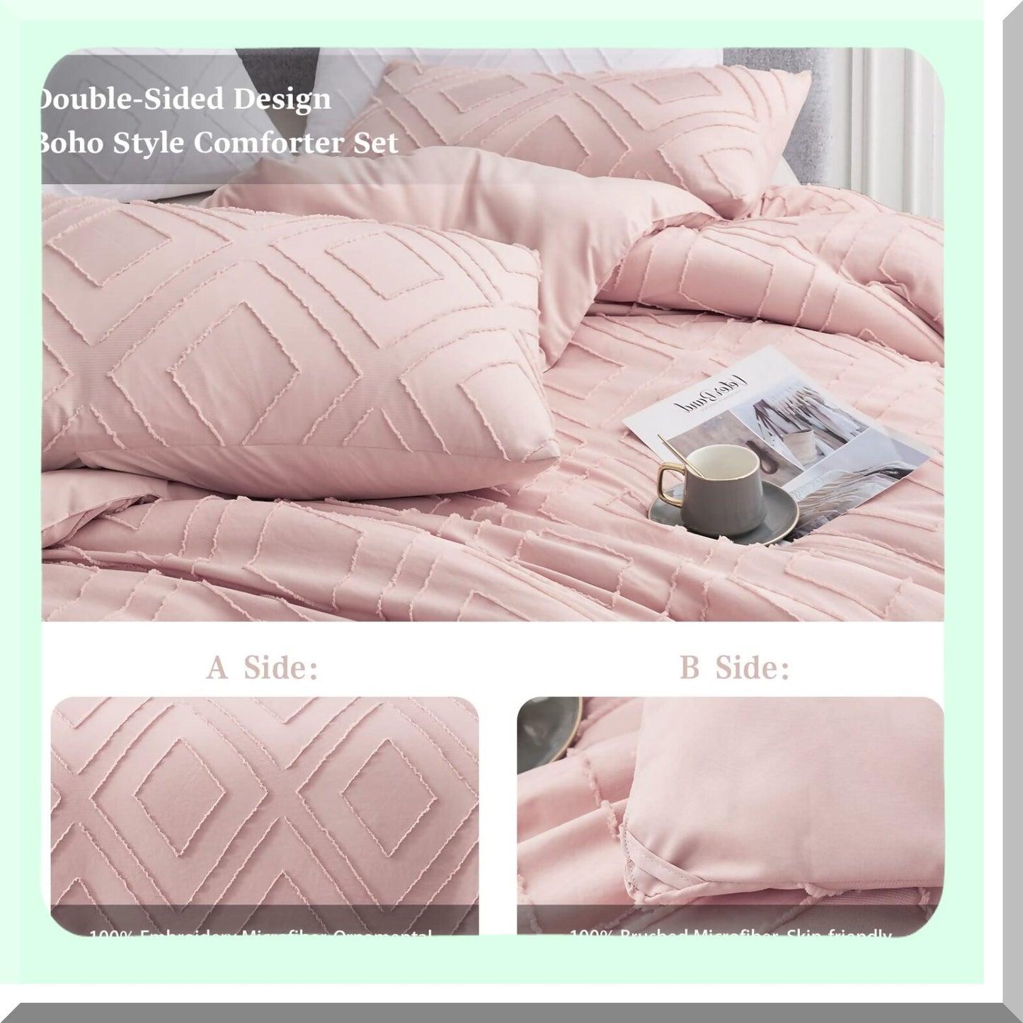 Blush Pink Rhombus Tufted Full Comforter Set - 3 Piece Embroidery Shabby Chic Bedding - All Seasons Full Size Comforter Set - Boho Style with Corner Loops