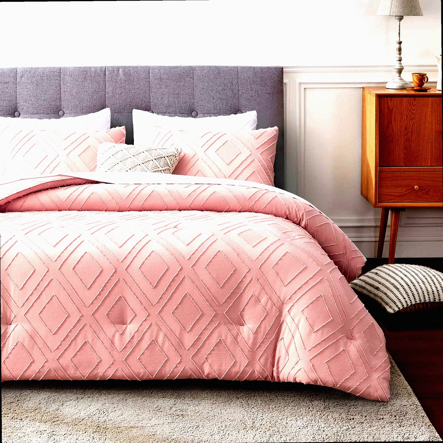 Blush Pink Rhombus Tufted Full Comforter Set - 3 Piece Embroidery Shabby Chic Bedding - All Seasons Full Size Comforter Set - Boho Style with Corner Loops