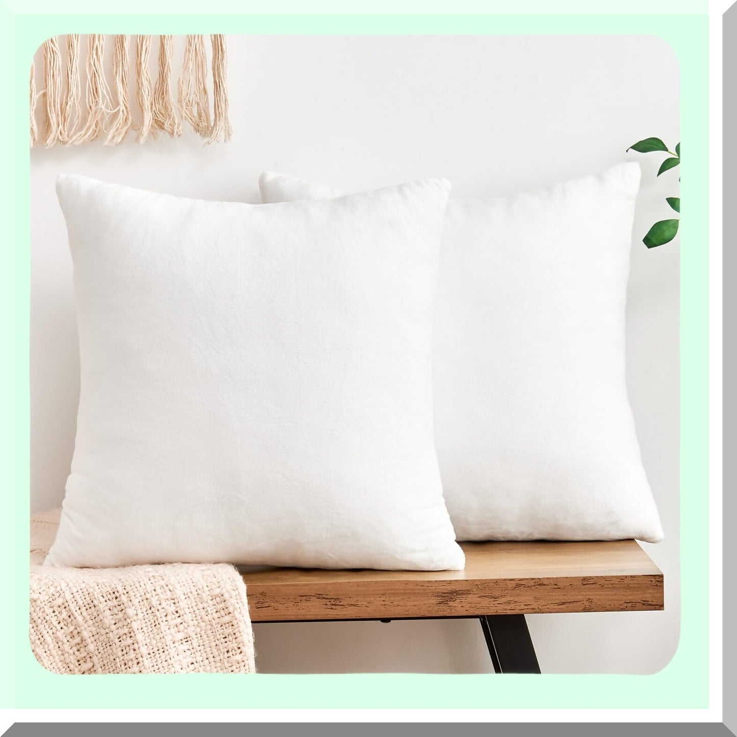Velvet White Farmhouse Pillow Covers - Set of 2 Soft 16x16 Inch Square Cushion Cases for Couch Sofa Bed Living Room Decor, Neutral Boho Home Accent