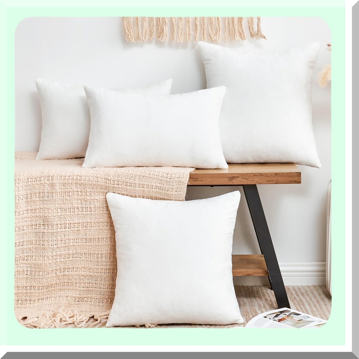Velvet White Farmhouse Pillow Covers - Set of 2 Soft 16x16 Inch Square Cushion Cases for Couch Sofa Bed Living Room Decor, Neutral Boho Home Accent