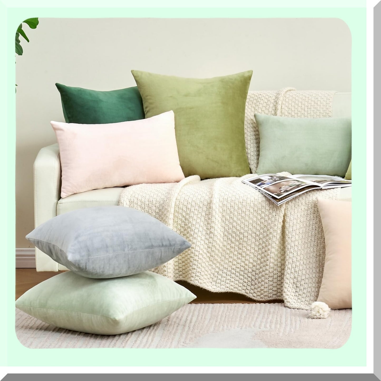 Velvet White Farmhouse Pillow Covers - Set of 2 Soft 16x16 Inch Square Cushion Cases for Couch Sofa Bed Living Room Decor, Neutral Boho Home Accent