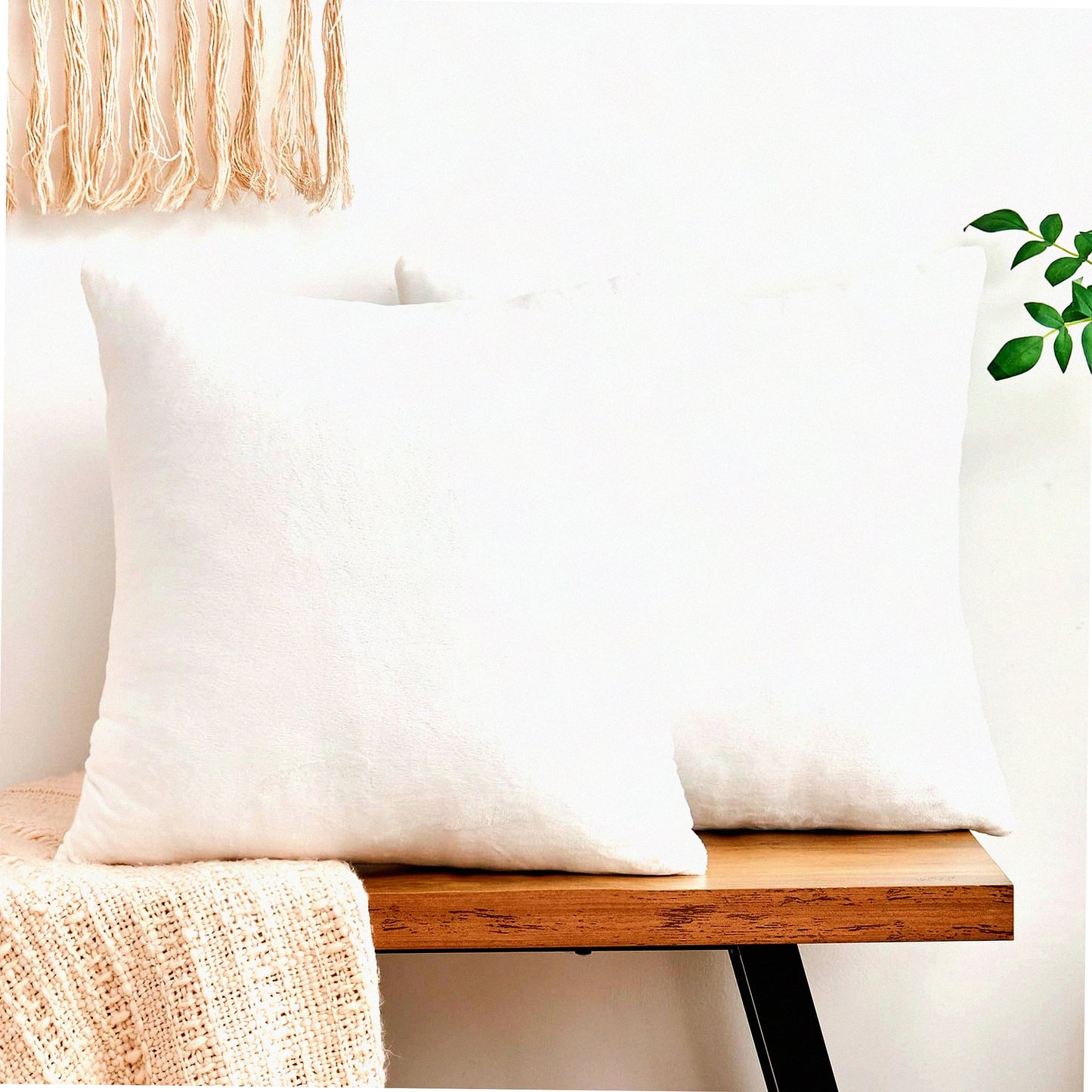 Velvet White Farmhouse Pillow Covers - Set of 2 Soft 16x16 Inch Square Cushion Cases for Couch Sofa Bed Living Room Decor, Neutral Boho Home Accent