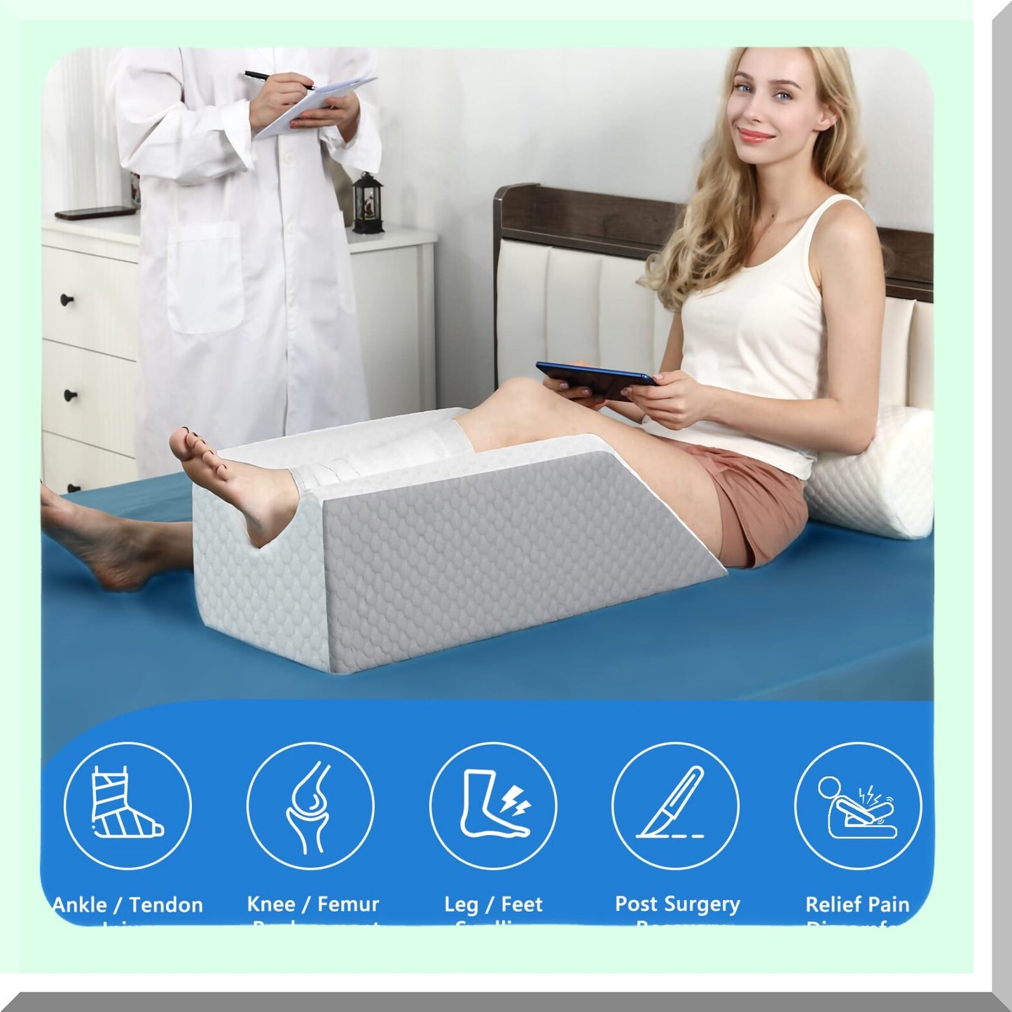 MemoryFoam Leg Elevate Wedge - Post Surgery Swelling Relief Pillow for Sleeping, Knee & Ankle Injury Support - Non-Slip Bottom Leg Rest Pillow