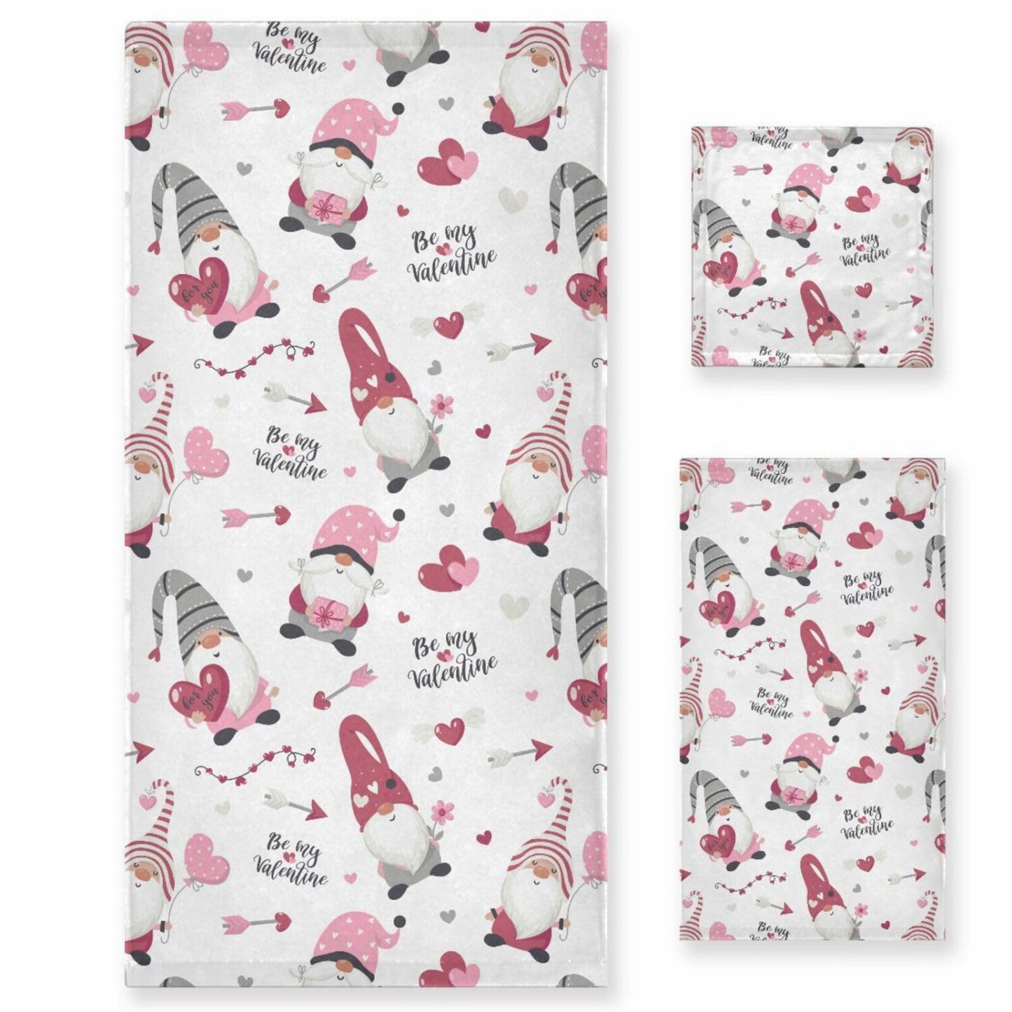 Pink Gnome Hearts Towels Set of 3