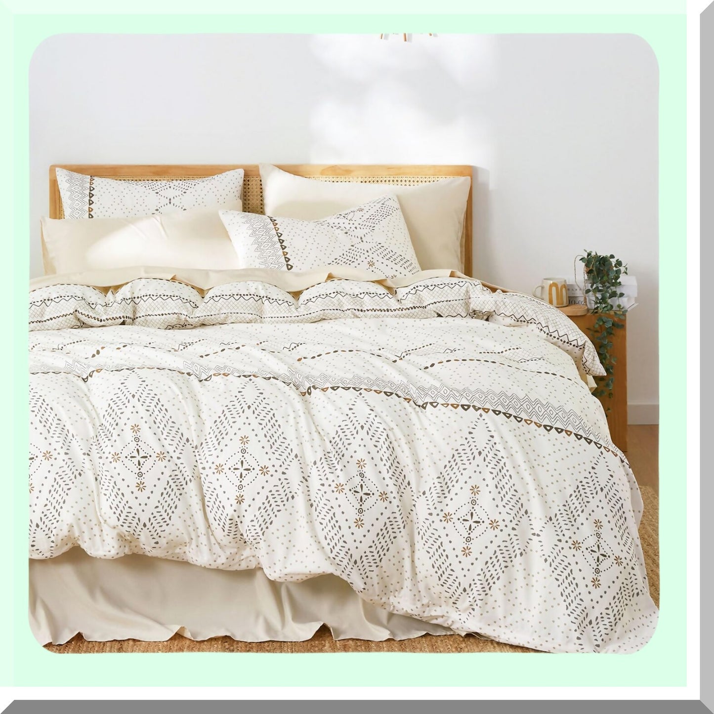 Diamond Boho Ivory Comforter Set - Full Size 3pcs Bedding, Soft Microfiber, Bohemian Pattern, Beige Cream, Cozy Bedroom Decor