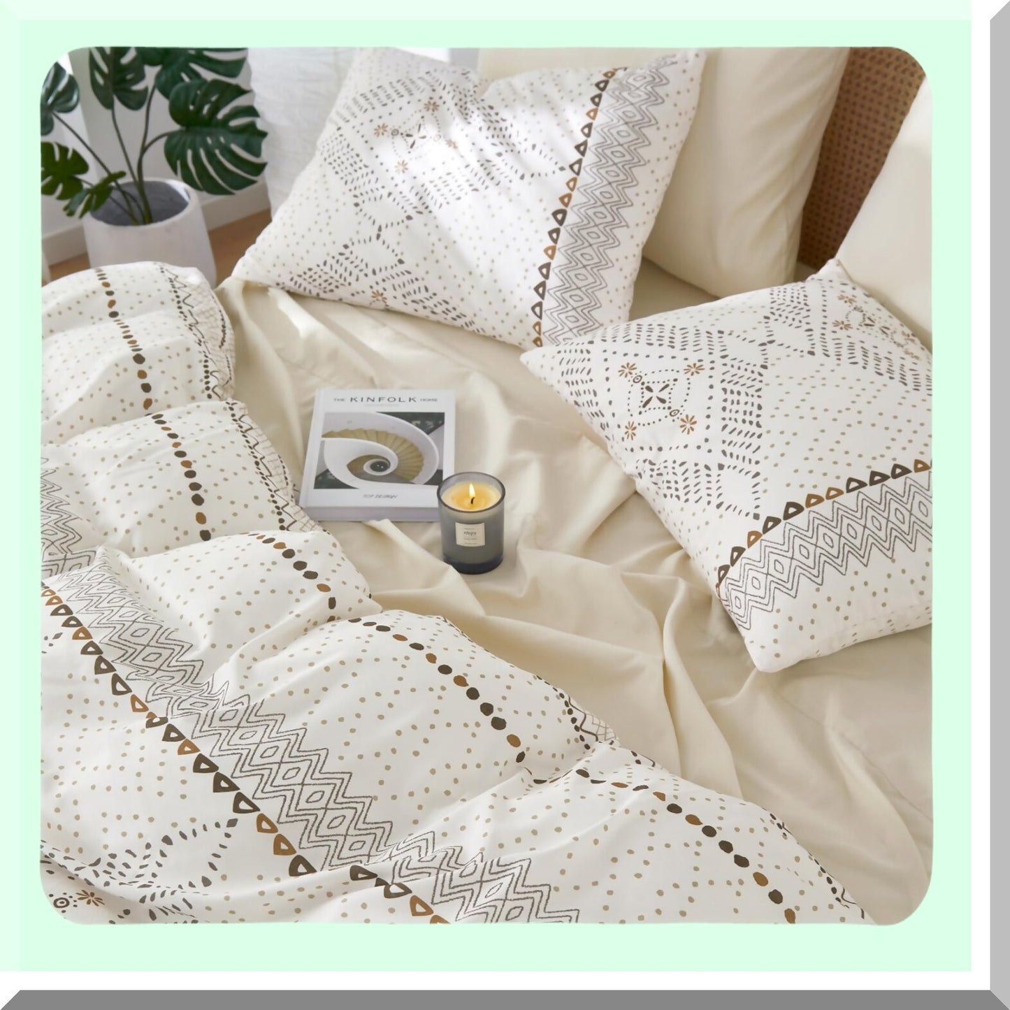 Diamond Boho Ivory Comforter Set - Full Size 3pcs Bedding, Soft Microfiber, Bohemian Pattern, Beige Cream, Cozy Bedroom Decor