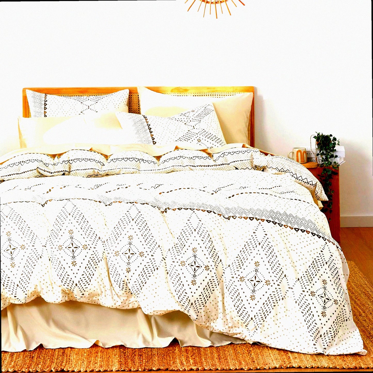 Diamond Boho Ivory Comforter Set - Full Size 3pcs Bedding, Soft Microfiber, Bohemian Pattern, Beige Cream, Cozy Bedroom Decor