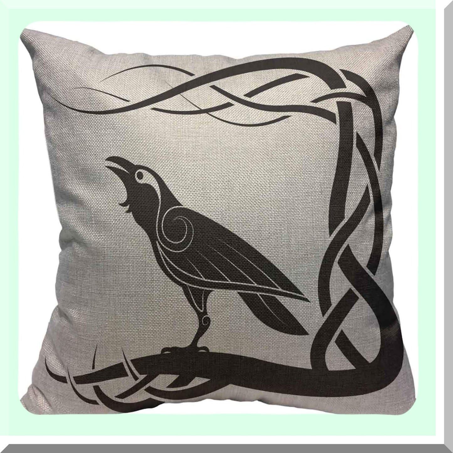 Mythical Crow Celtic Pillow Cover - Black & White Pagan Decorative Cushion Case 18x18 - Cotton Linen Square Throw Pillowcase