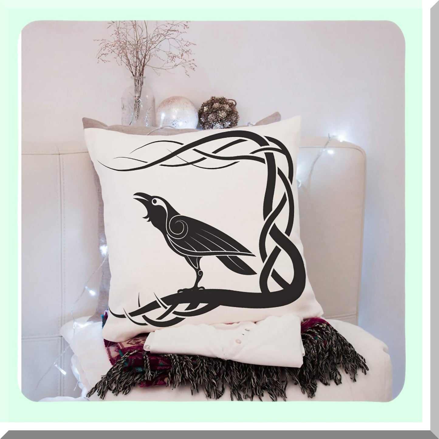 Mythical Crow Celtic Pillow Cover - Black & White Pagan Decorative Cushion Case 18x18 - Cotton Linen Square Throw Pillowcase