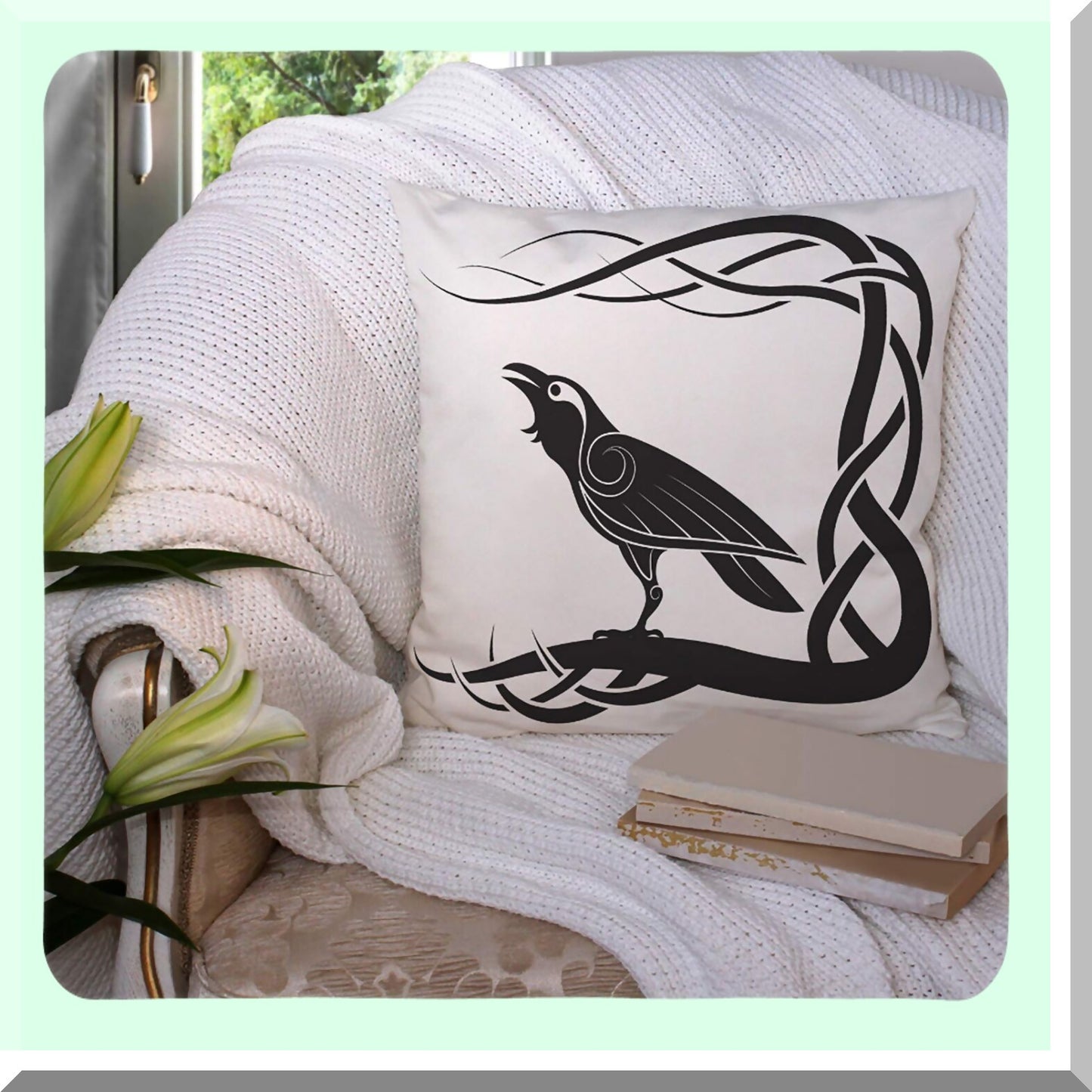 Mythical Crow Celtic Pillow Cover - Black & White Pagan Decorative Cushion Case 18x18 - Cotton Linen Square Throw Pillowcase