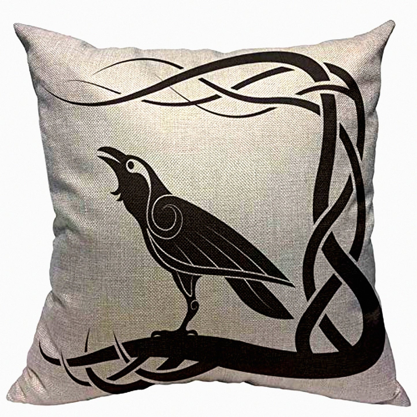 Mythical Crow Celtic Pillow Cover - Black & White Pagan Decorative Cushion Case 18x18 - Cotton Linen Square Throw Pillowcase