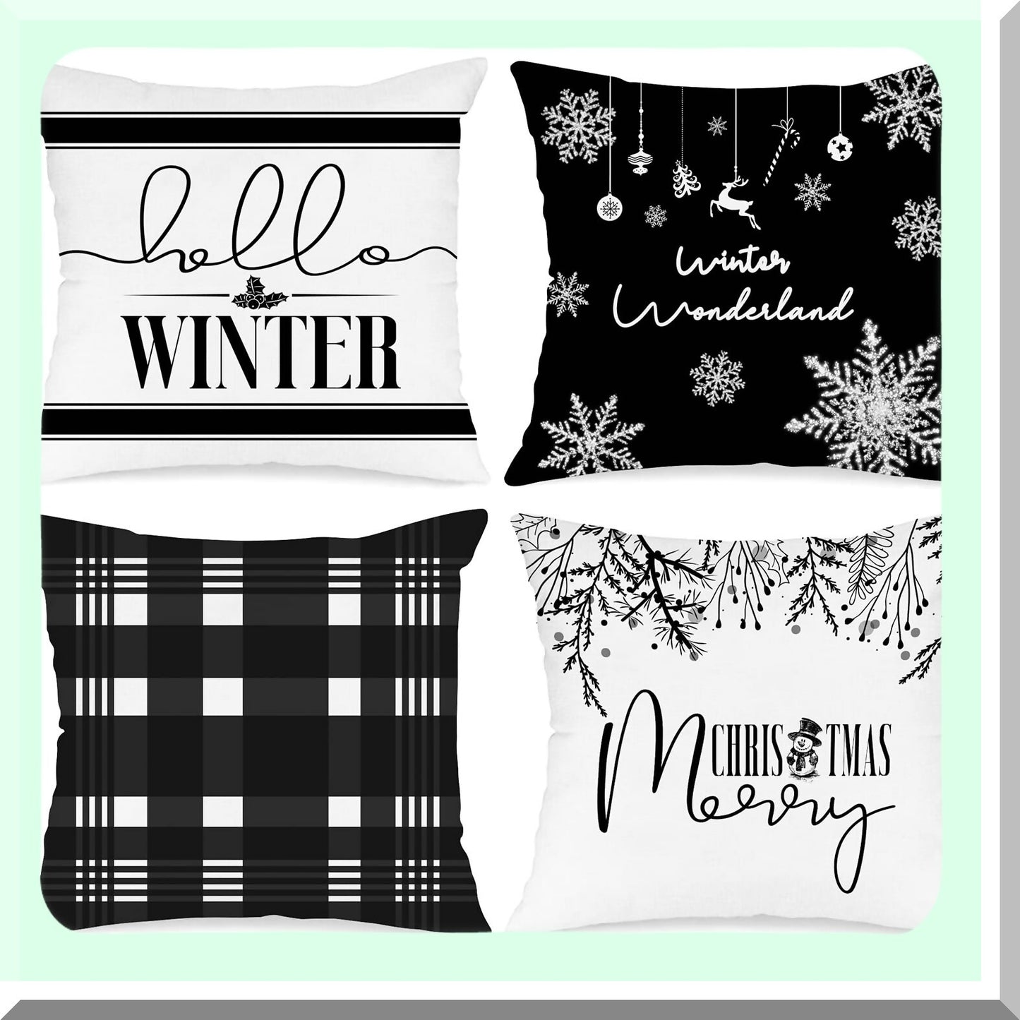Winter Wonderland Holiday Pillow Cover Set - 16x16 Black & White Decorative Cushion Cases for Home Decor - Merry Xmas Throw Pillow Covers 4-Pack