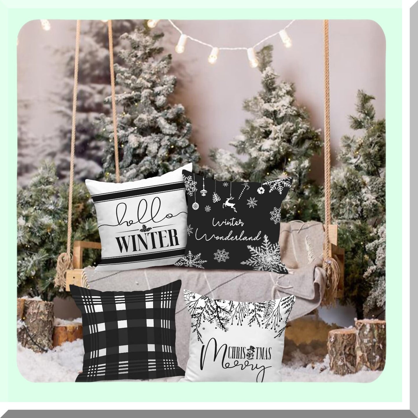 Winter Wonderland Holiday Pillow Cover Set - 16x16 Black & White Decorative Cushion Cases for Home Decor - Merry Xmas Throw Pillow Covers 4-Pack