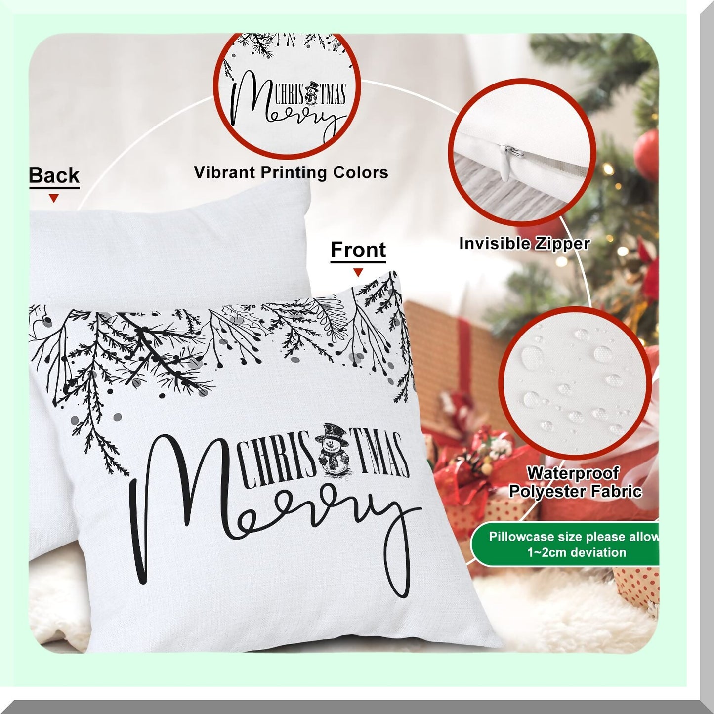 Winter Wonderland Holiday Pillow Cover Set - 16x16 Black & White Decorative Cushion Cases for Home Decor - Merry Xmas Throw Pillow Covers 4-Pack