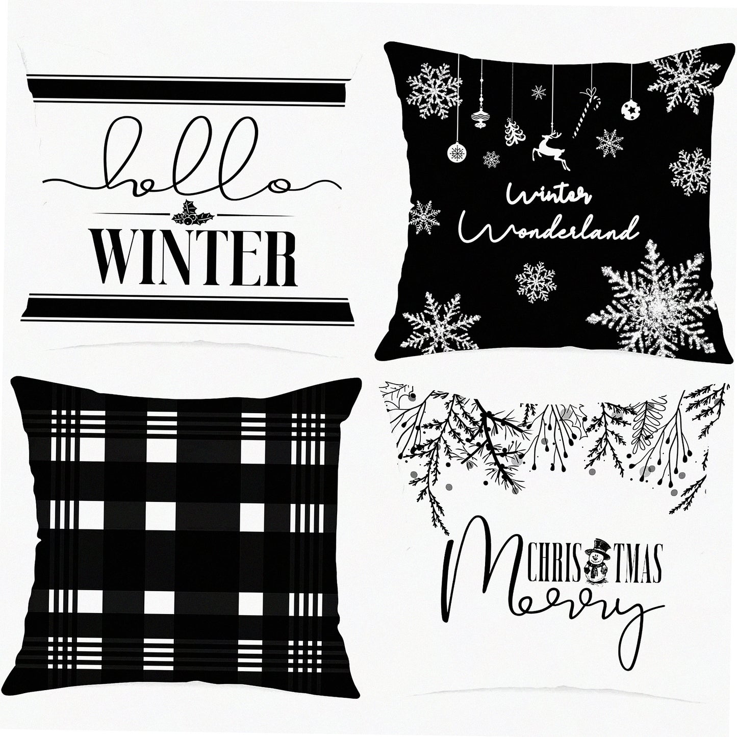 Winter Wonderland Holiday Pillow Cover Set - 16x16 Black & White Decorative Cushion Cases for Home Decor - Merry Xmas Throw Pillow Covers 4-Pack