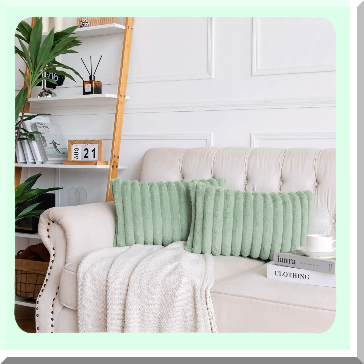 Cozy Velvet Rabbit Striped Pillow Covers - Set of 2 Decorative Throw Cushion Cases for Couch Sofa Bedroom, Super Soft Fuzzy 12x20 Inch Light Green