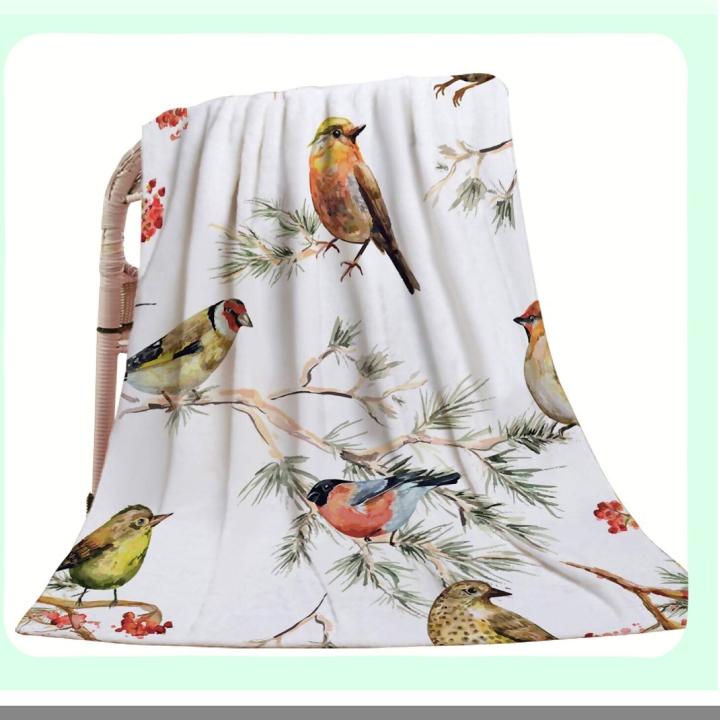 Vintage Forest Birds Throw Blanket - Soft, Warm, Watercolor Design for Bed, Chair, Couch, Sofa - 30"x40""