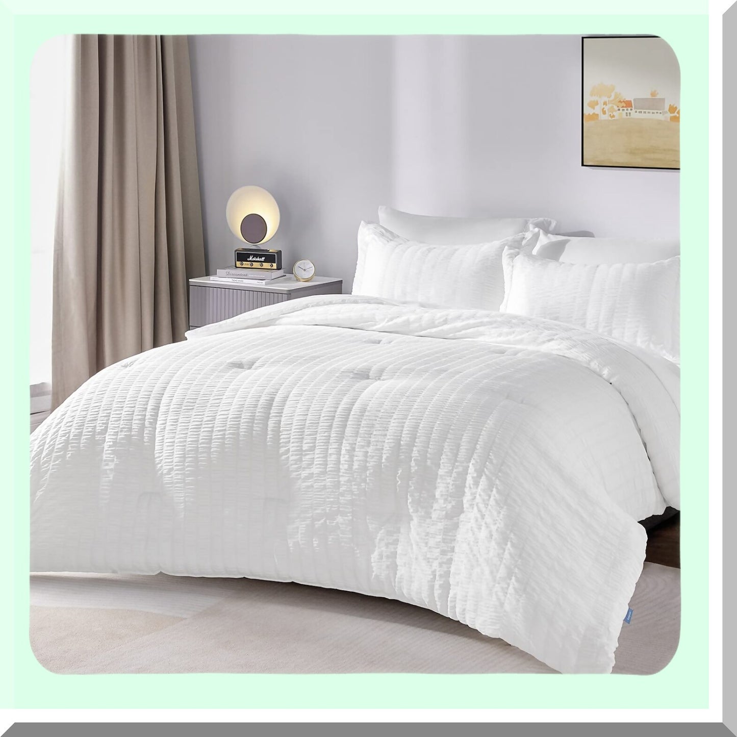 White Seersucker 7-Piece Bedding Set - Queen Size Comforter, Sheets & Pillowcases - All Season Bed in a Bag - Cozy Bedroom Essentials