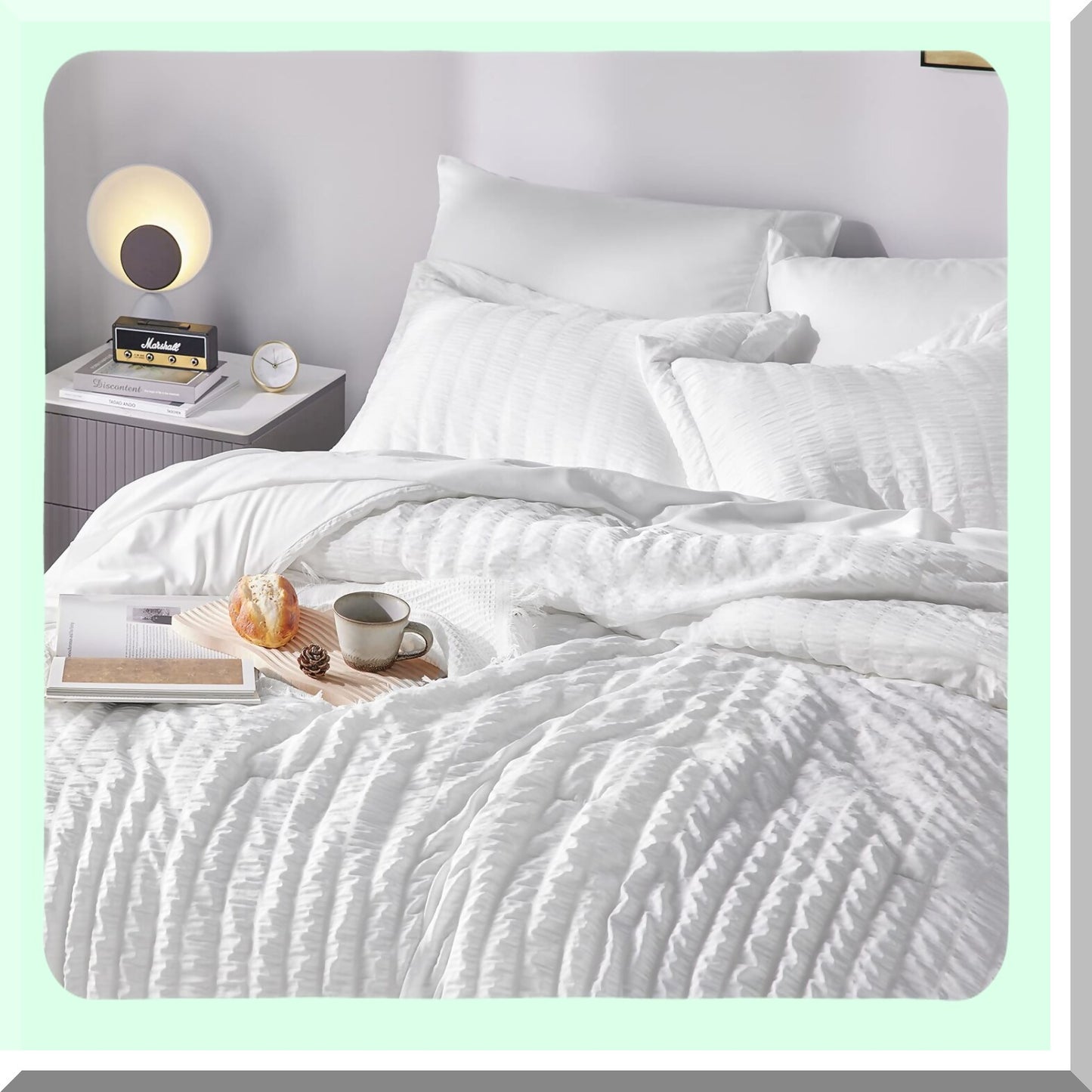 White Seersucker 7-Piece Bedding Set - Queen Size Comforter, Sheets & Pillowcases - All Season Bed in a Bag - Cozy Bedroom Essentials